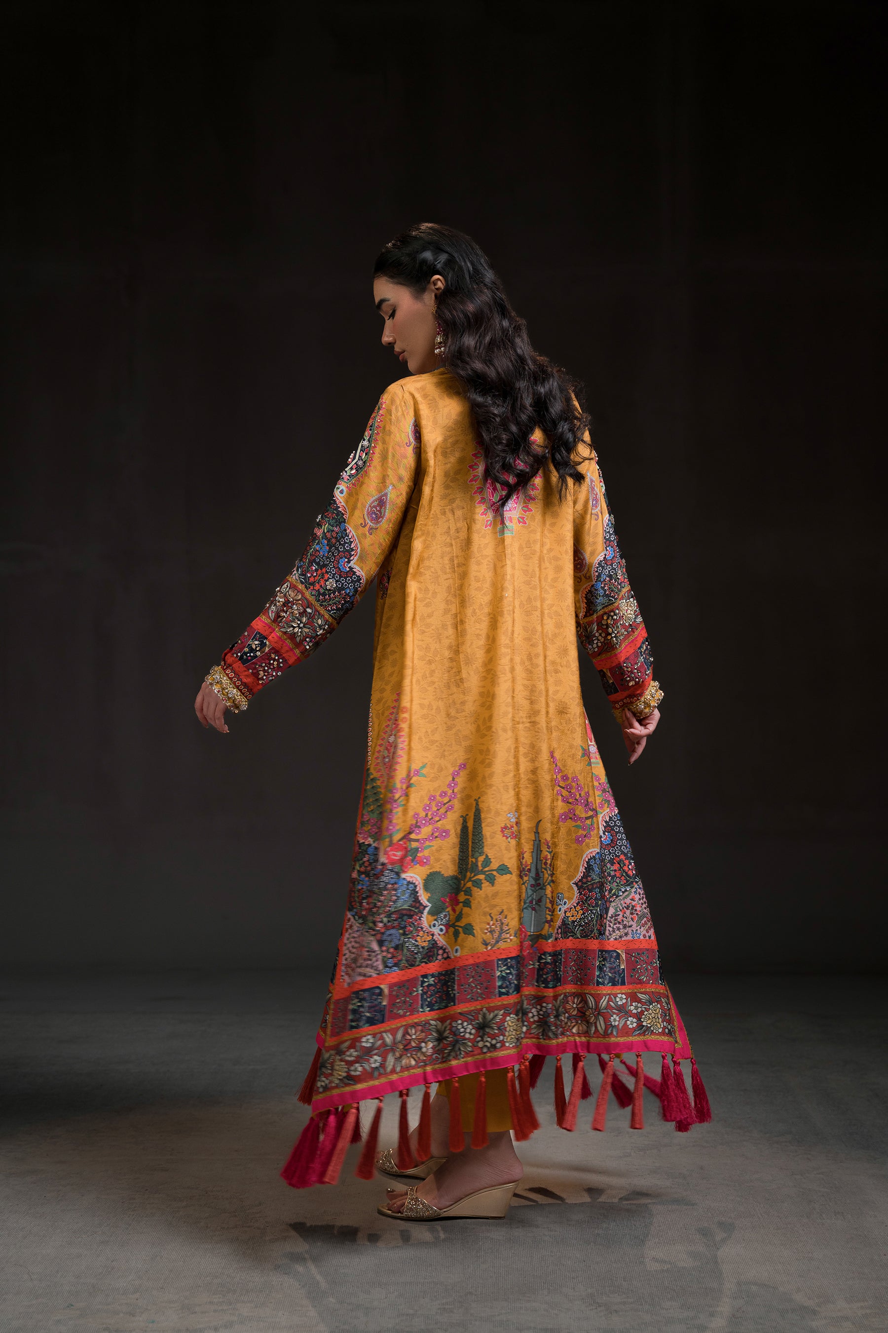 Mustard Tilla & Bead Embellished Silk Kaftan (3-Piece) - Image 3