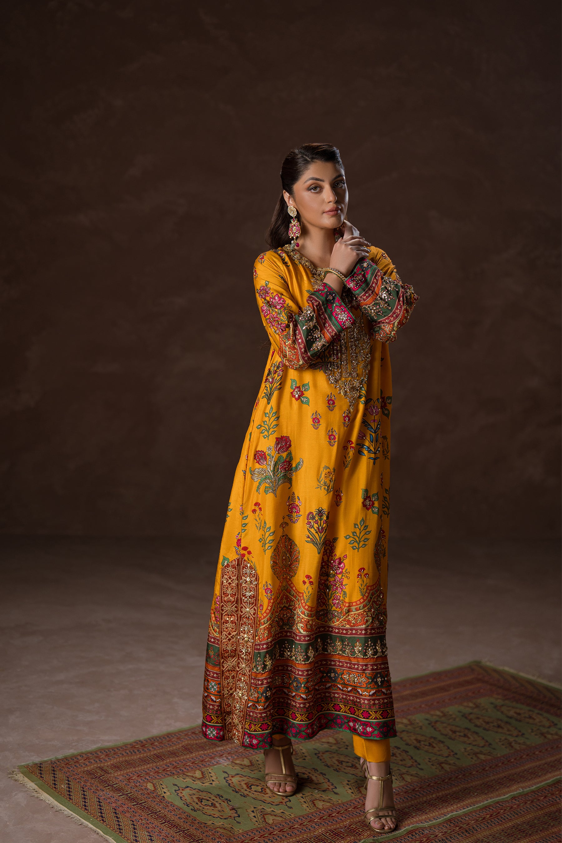 Pakistani Mustard Gota Sequin Blended Silk Kaftan (3-Piece) - Image 2