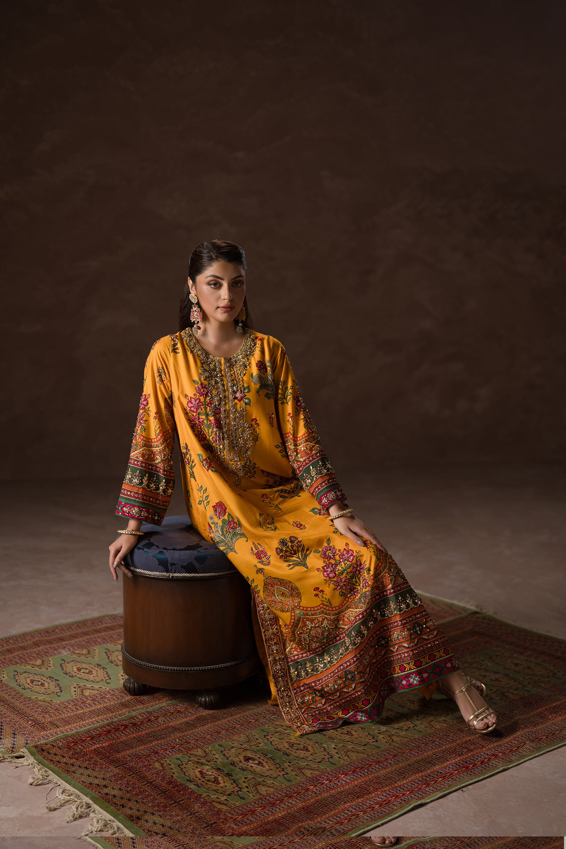 Pakistani Mustard Gota Sequin Blended Silk Kaftan (2-Piece) - Image 5