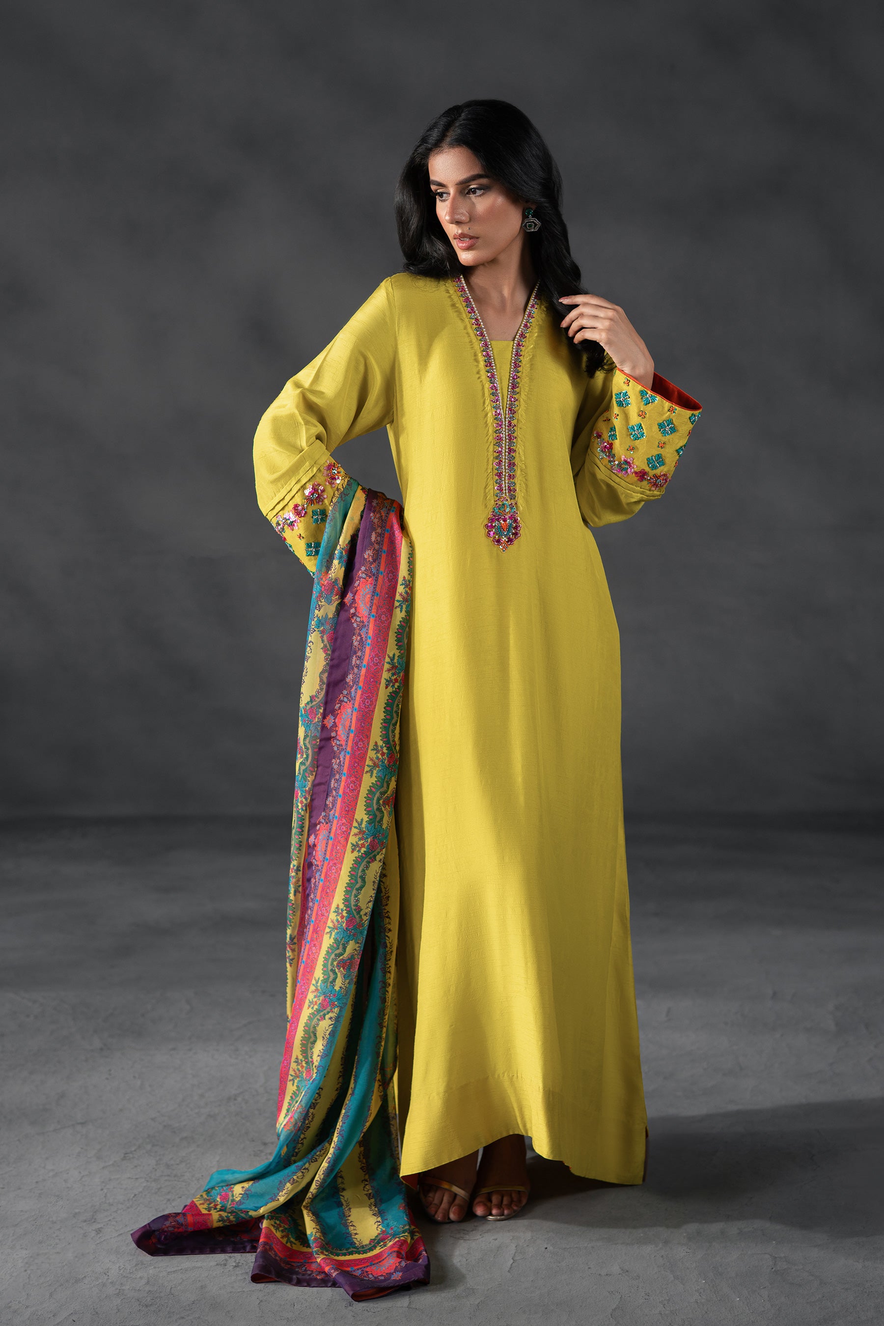 Yellow Sequin & Crystal Blended Silk Kaftan (3-Piece) - Image 1