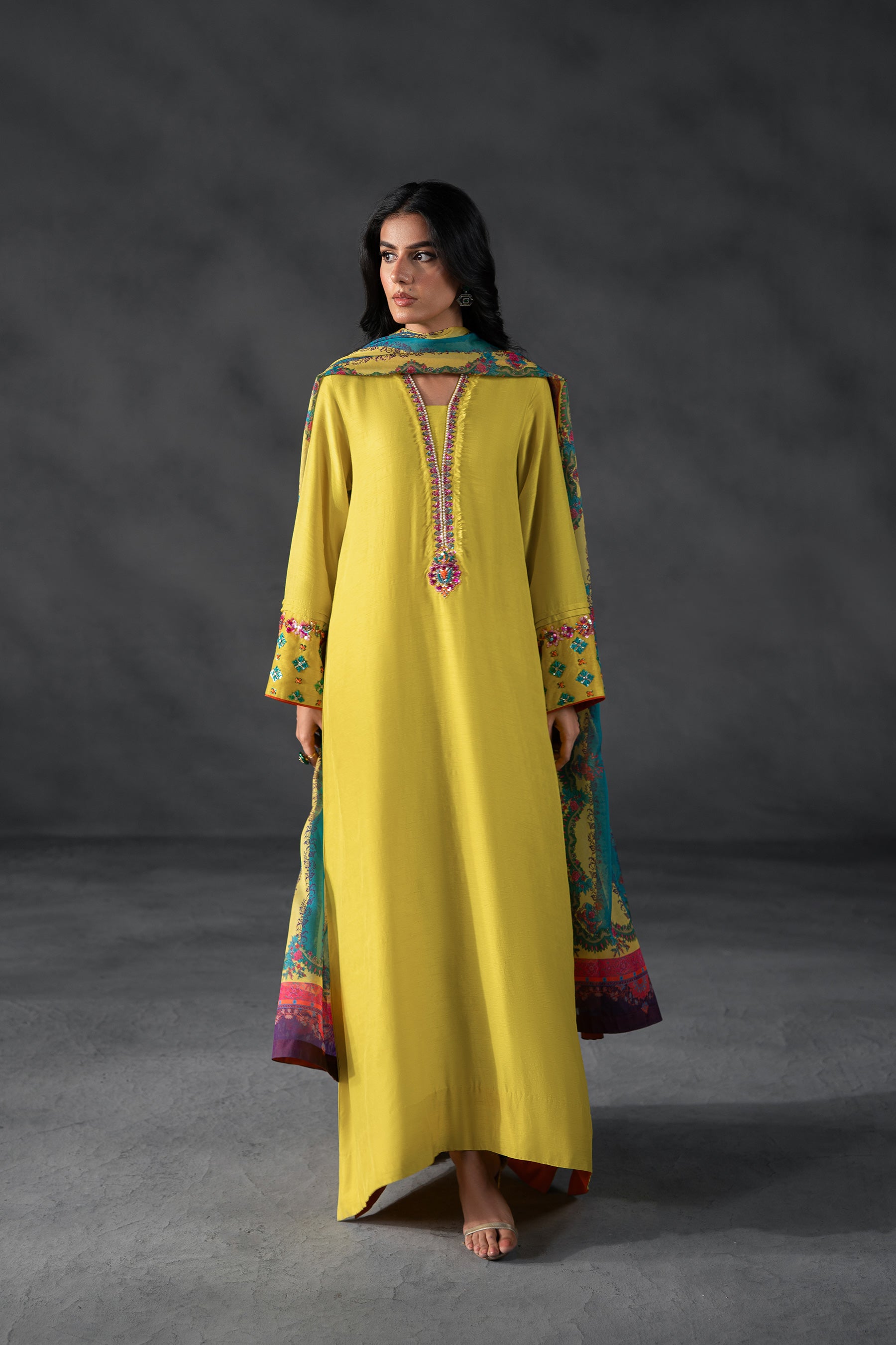 Yellow Sequin & Crystal Blended Silk Kaftan (3-Piece) - Image 3