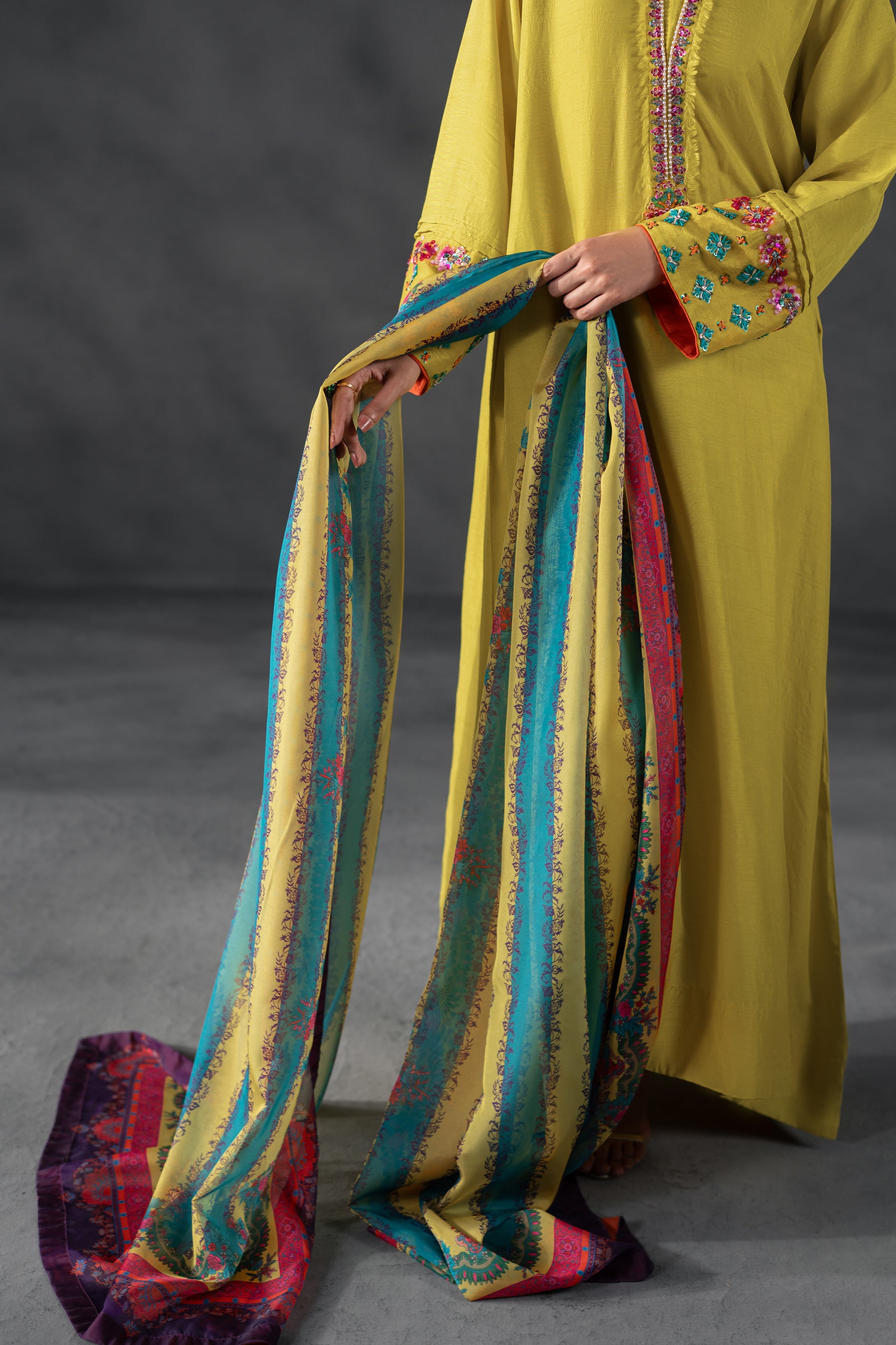 Yellow Sequin & Crystal Blended Silk Kaftan (3-Piece) - Image 4