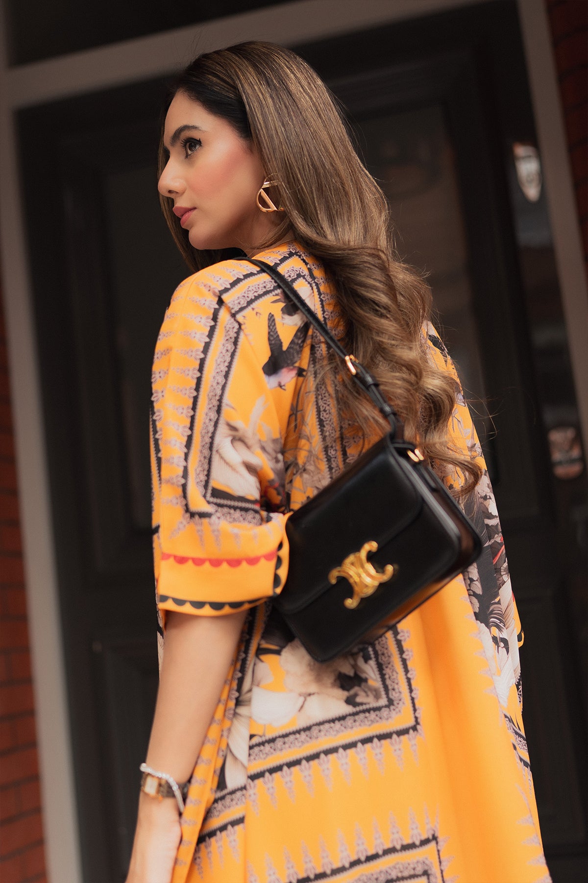 Mustard Abstract Floral Georgette Kaftan (1-Pc) - Image 3