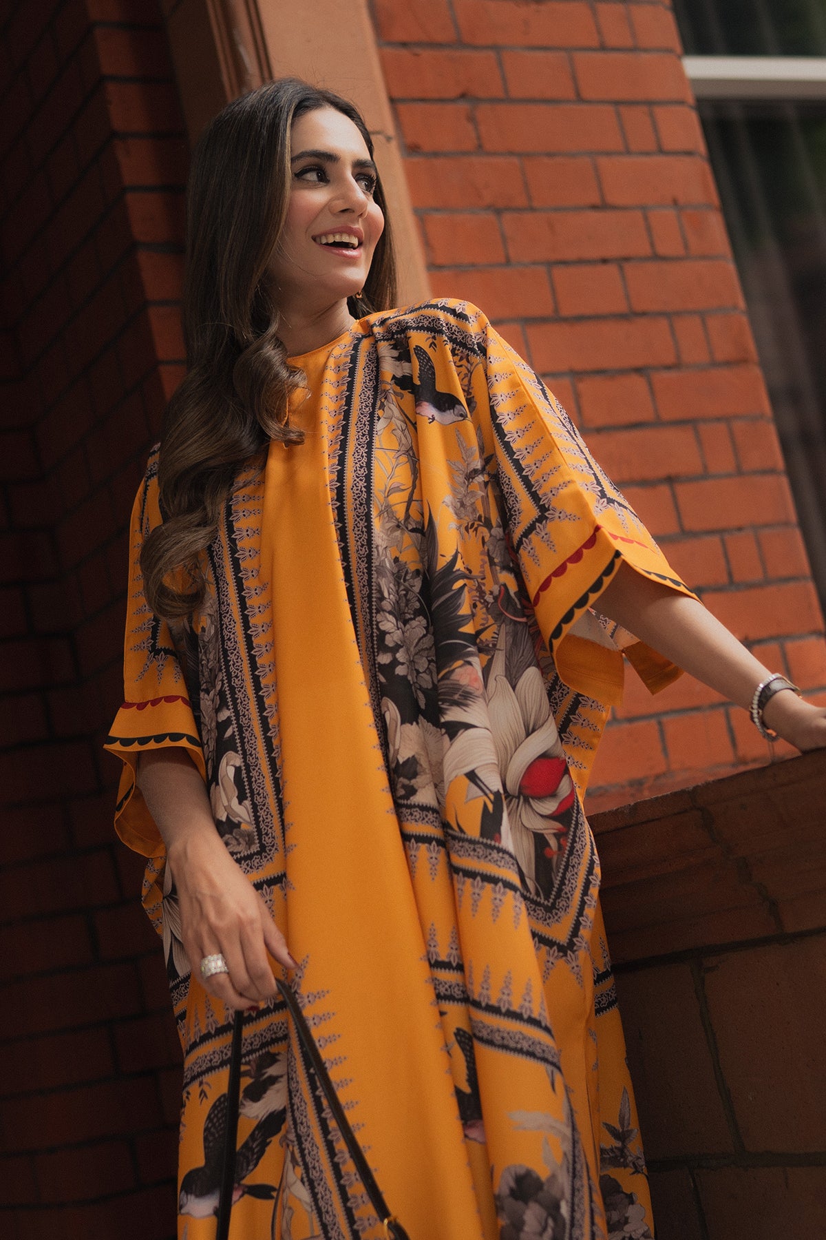 Mustard Abstract Floral Georgette Kaftan (1-Pc) - Image 4