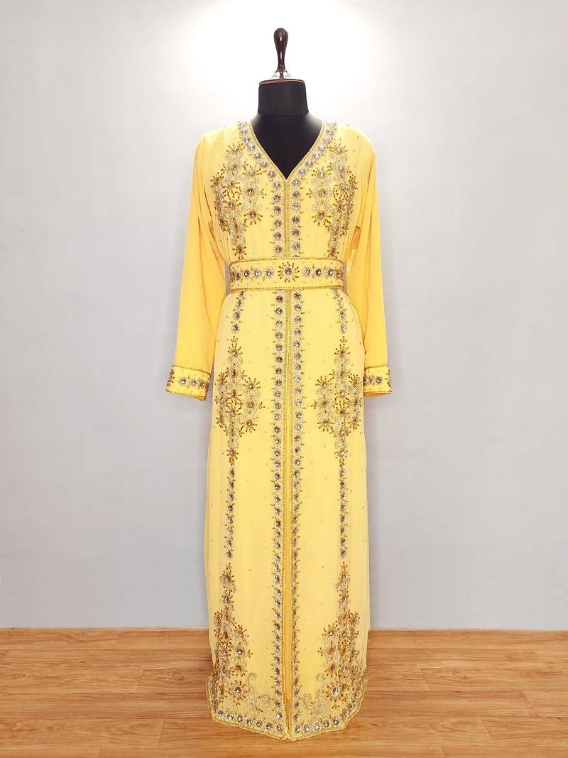 Pakistani Yellow Embroidered Georgette Moroccan Kaftan (2-Piece) - Image 1