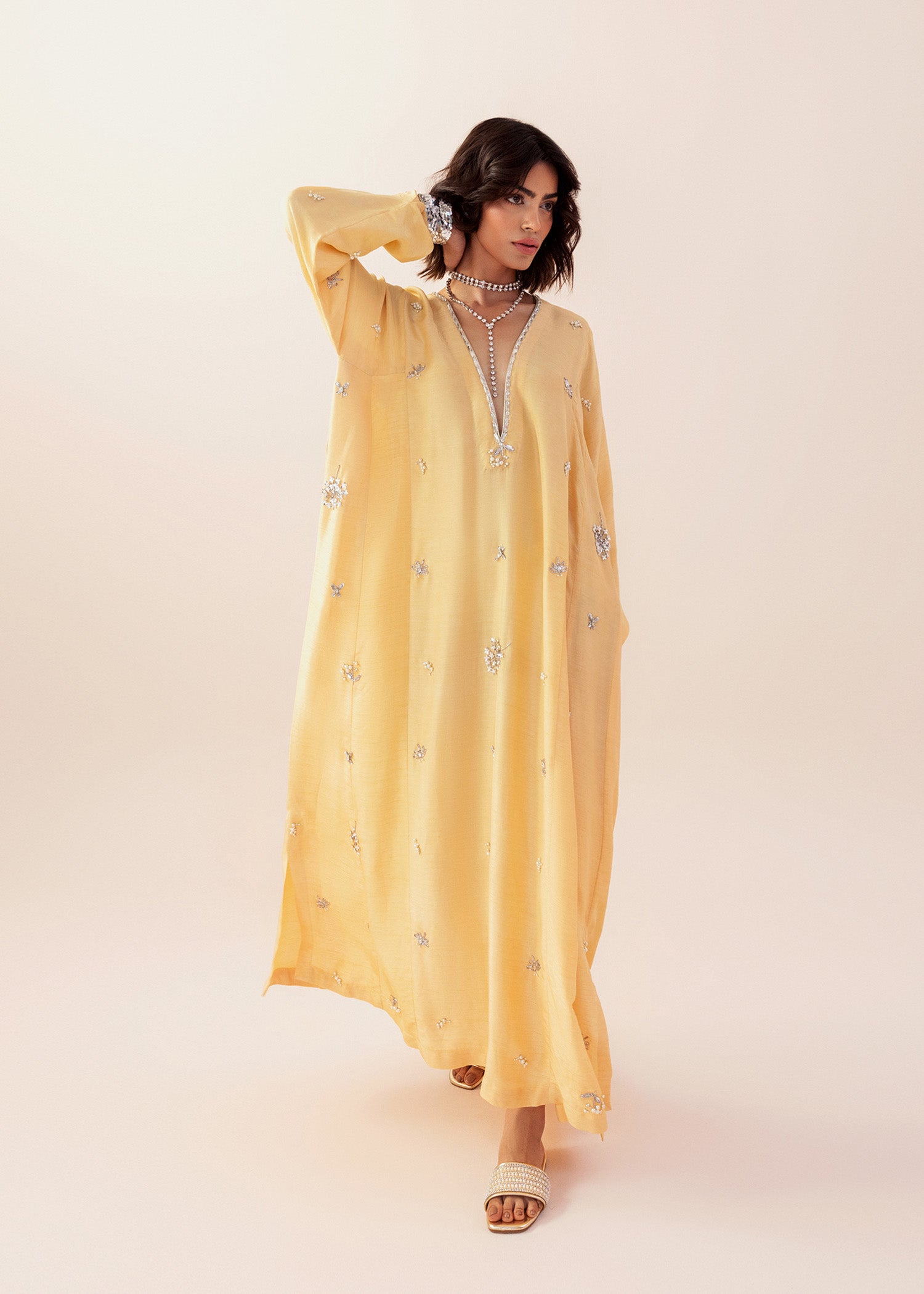 Yellow Embellished Georgette Kaftan (1-Pc) - Image 1