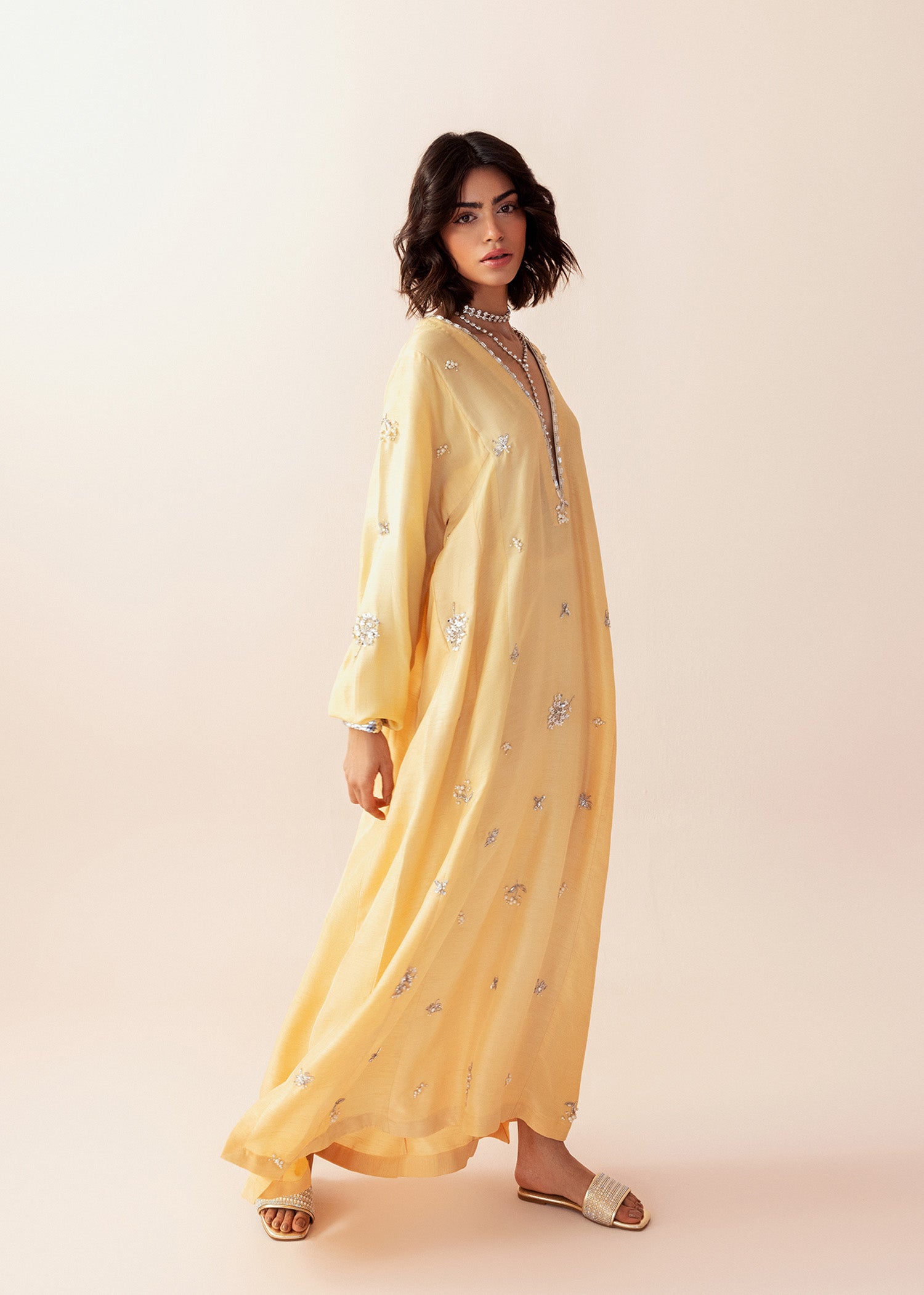 Yellow Embellished Georgette Kaftan (1-Pc) - Image 3