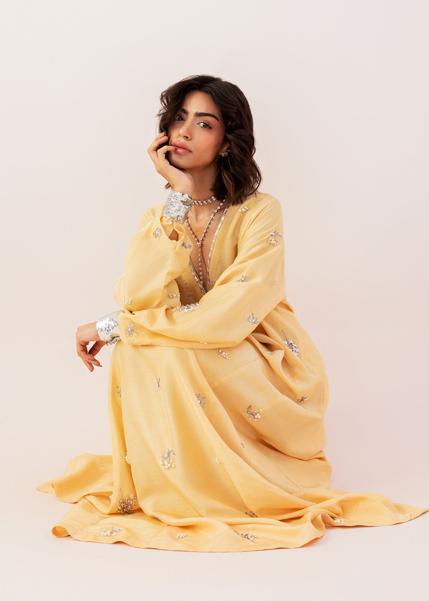 Yellow Embellished Georgette Kaftan (1-Pc) - Image 5
