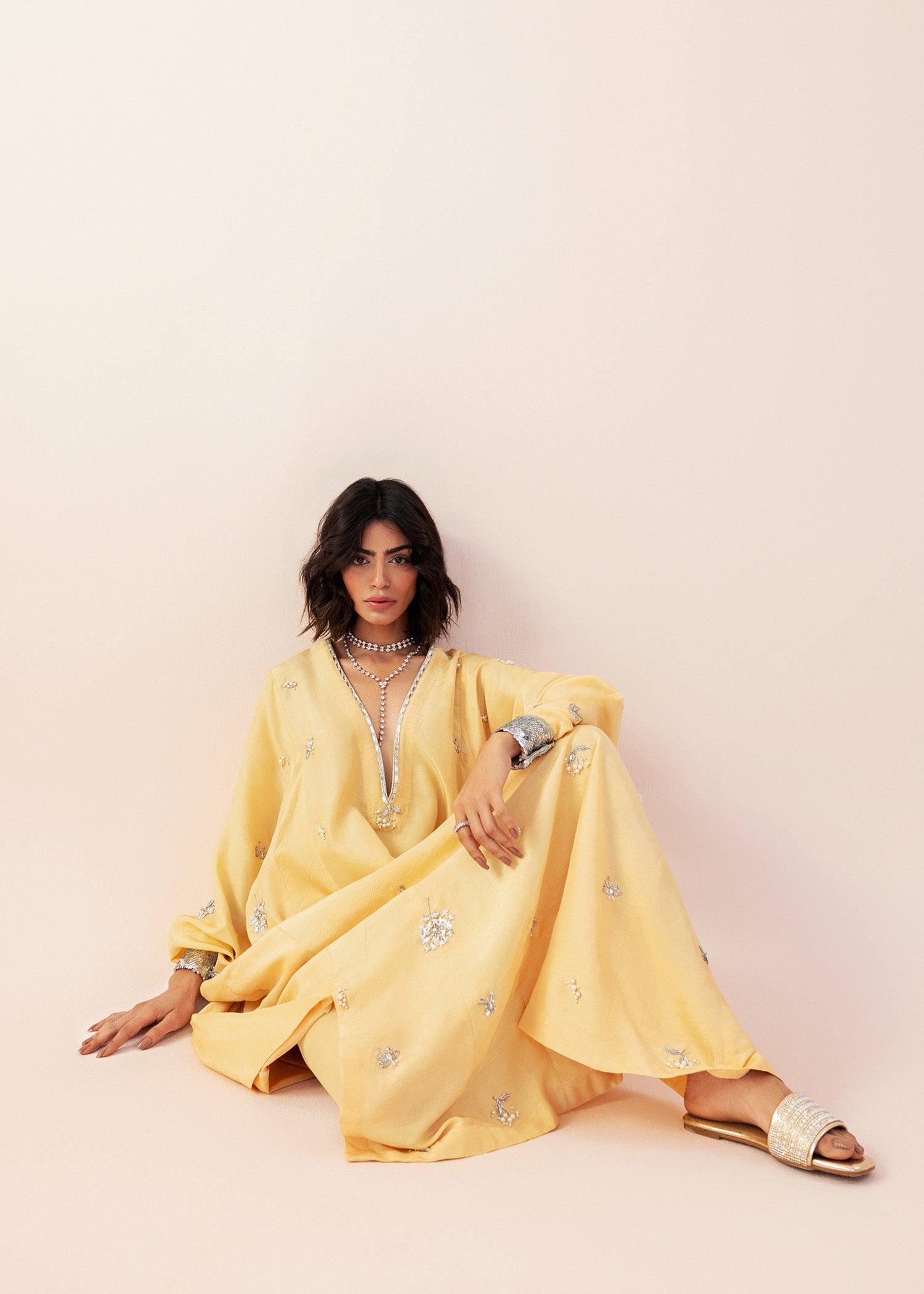 Yellow Embellished Georgette Kaftan (1-Pc) - Image 6