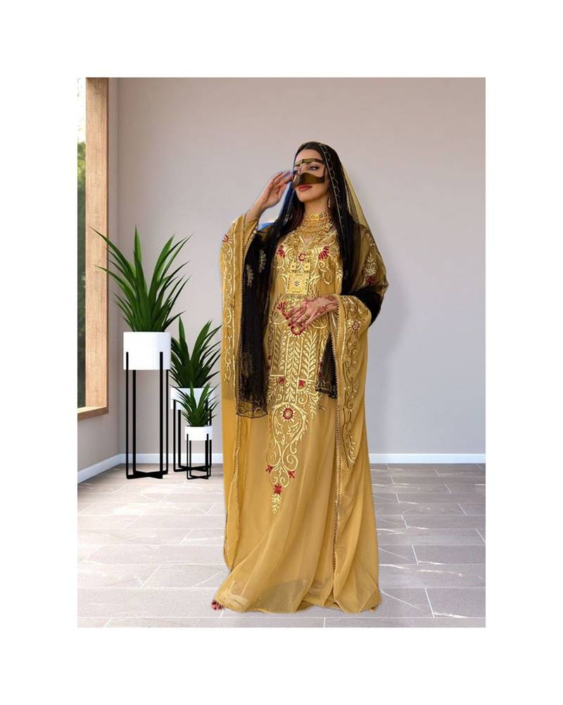 Golden Yellow Zari Embroidered Georgette Kaftan (2-Piece) - Image 1