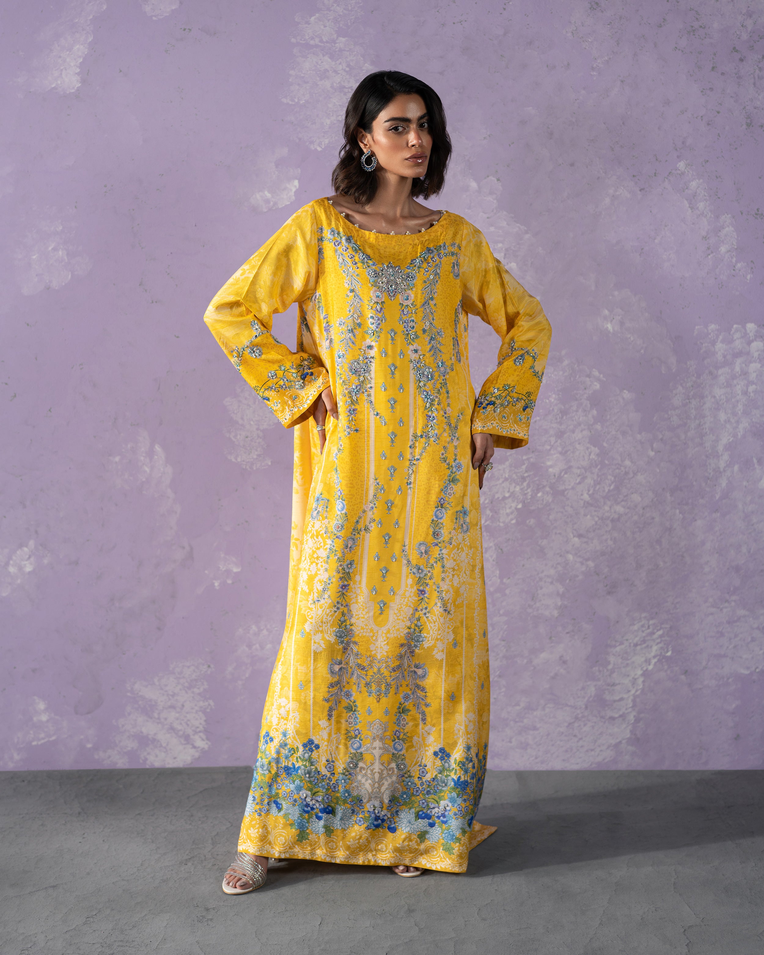 Canary Yellow Beaded Blended Raw Silk Kaftan (2-Piece) - Image 1