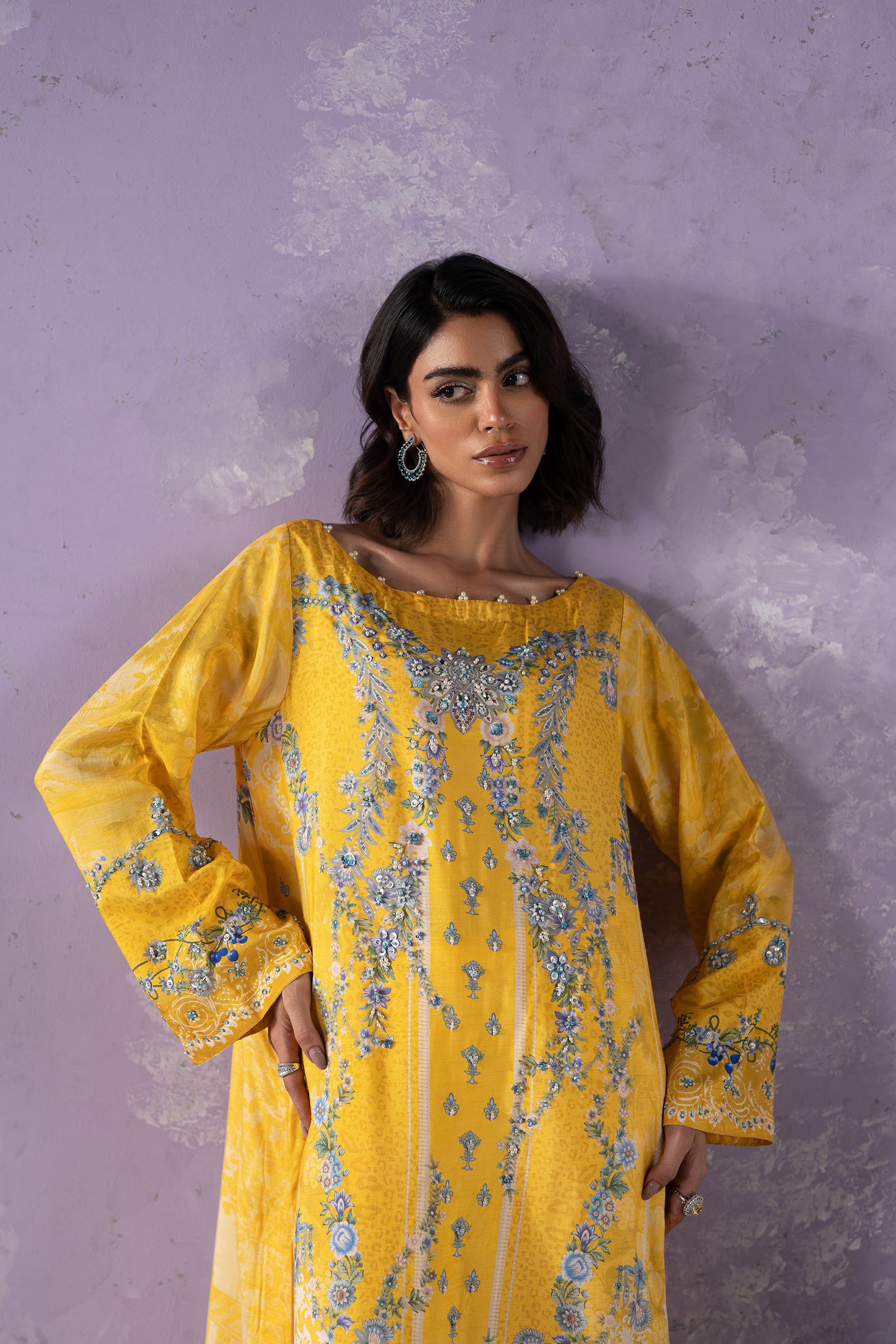 Canary Yellow Beaded Blended Raw Silk Kaftan (2-Piece) - Image 2