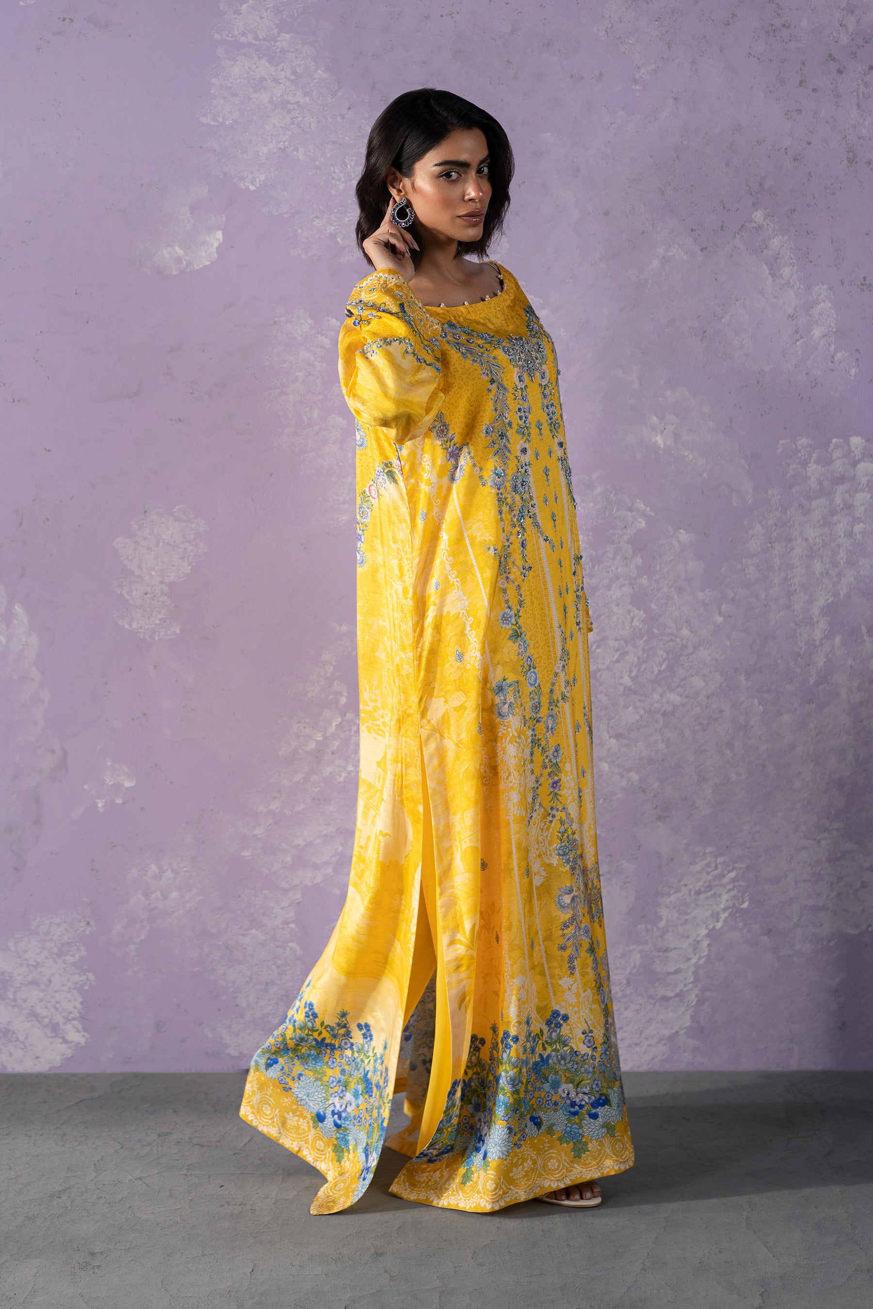 Pakistani Canary Yellow Beaded Silk Kaftan Set (2-Piece) - Image 3