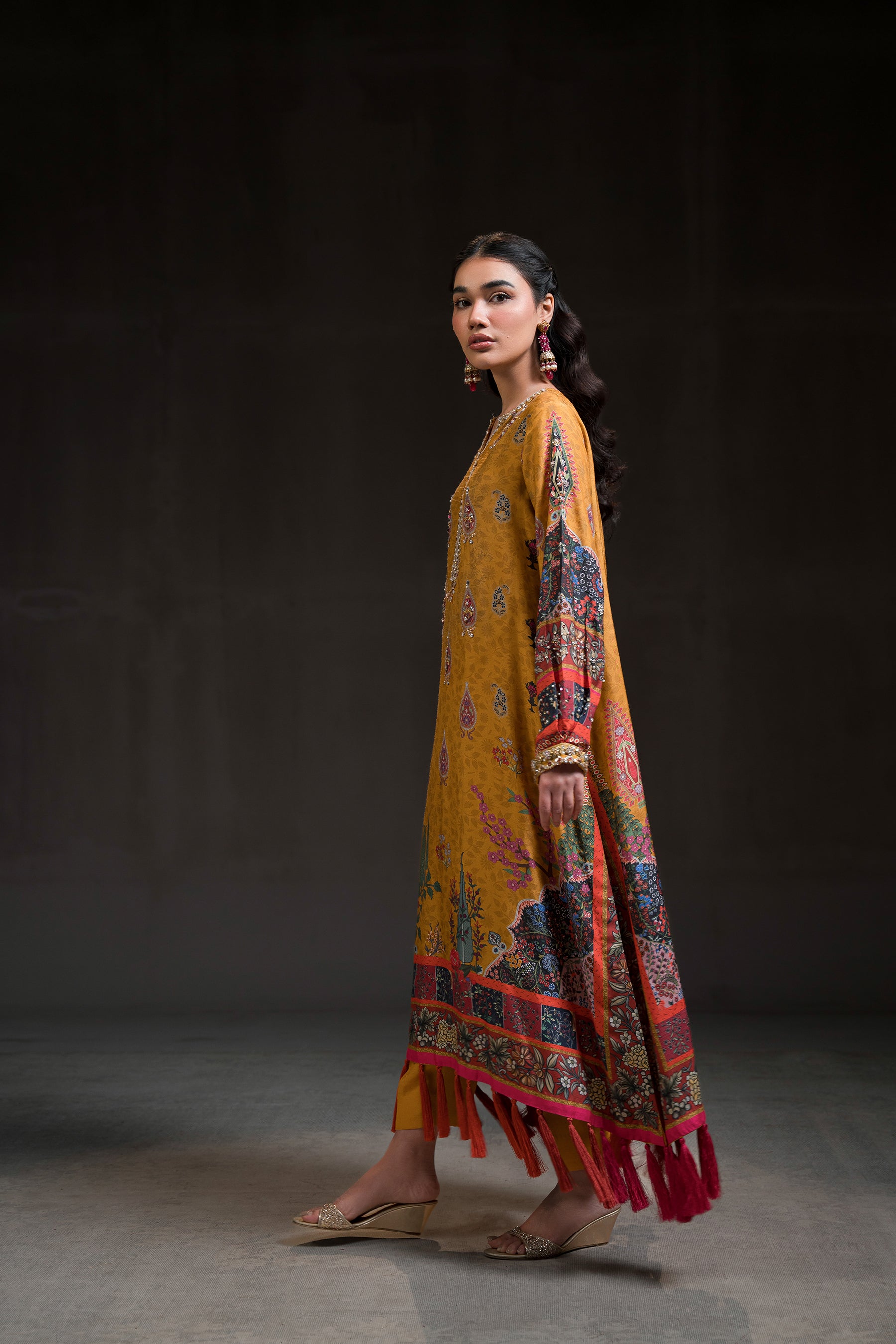 Pakistani Mustard Tilla & Bead Embellished Silk Kaftan (3-Piece) - Image 4