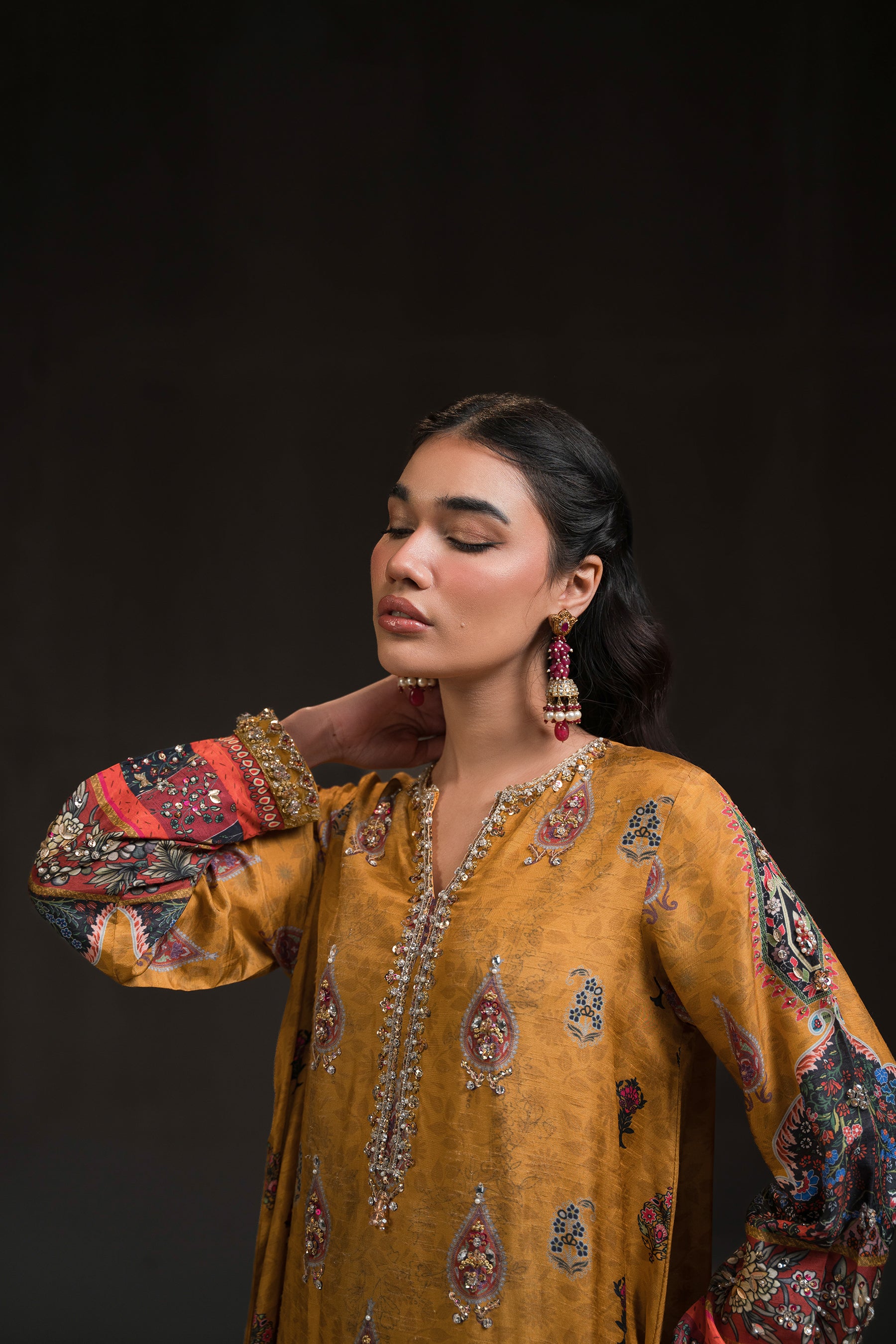 Pakistani Mustard Tilla & Bead Embroidered Silk Kaftan (3-Piece) - Image 2