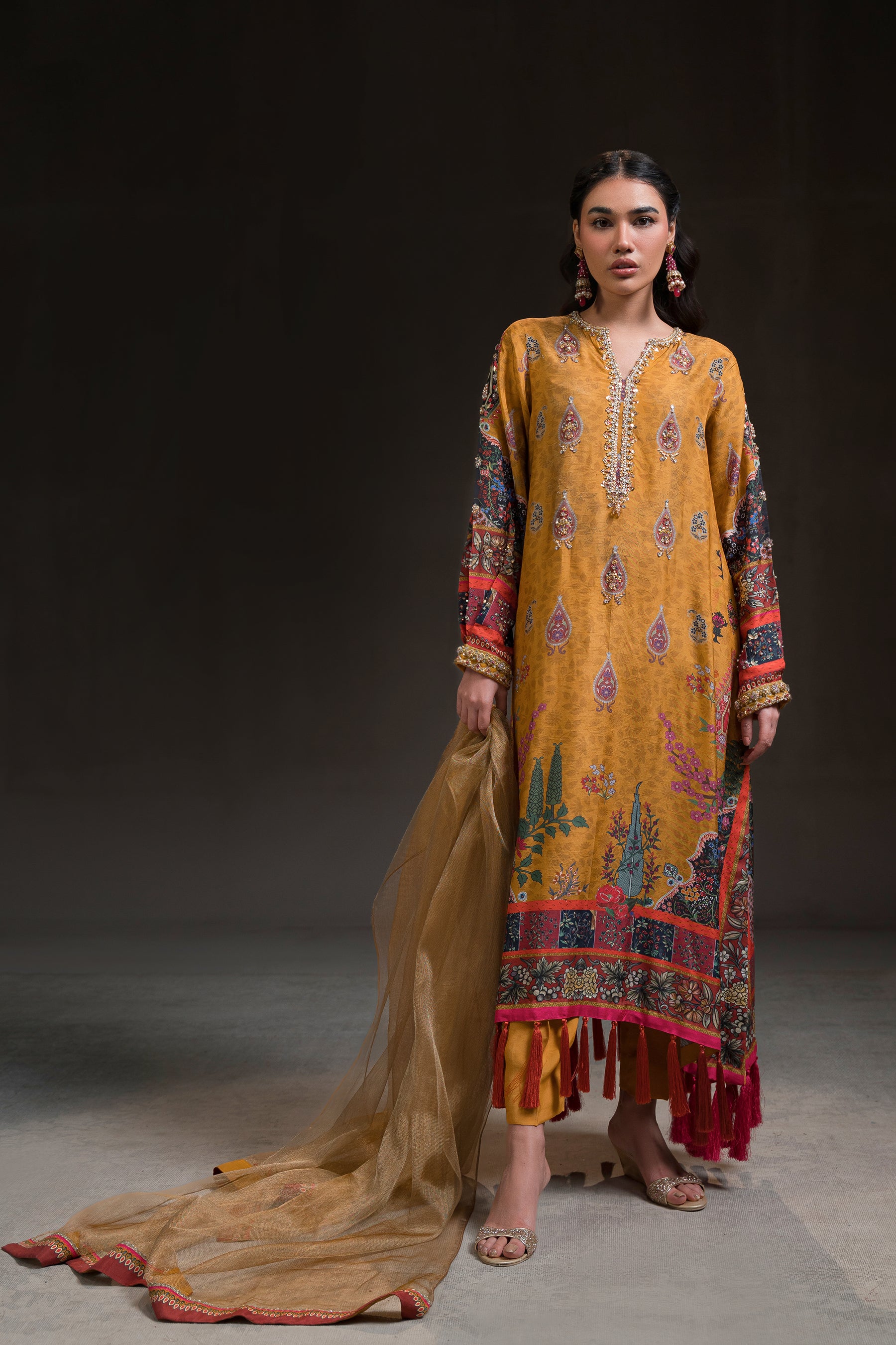 Pakistani Mustard Tilla & Bead Embroidered Silk Kaftan (3-Piece) - Image 5