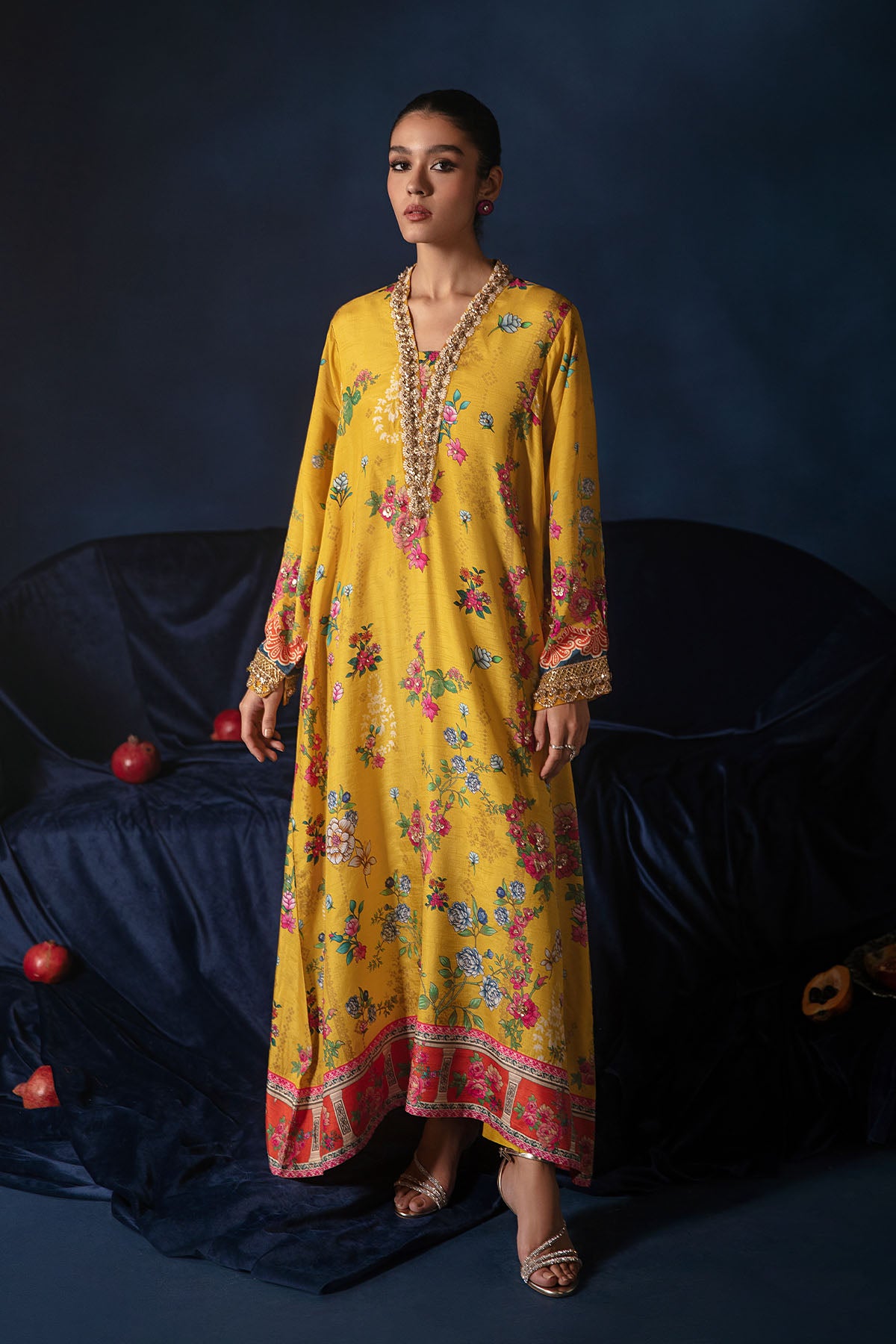 Yellow Embellished Silk-Blend Kaftan Shirt (2-Piece) - Image 1