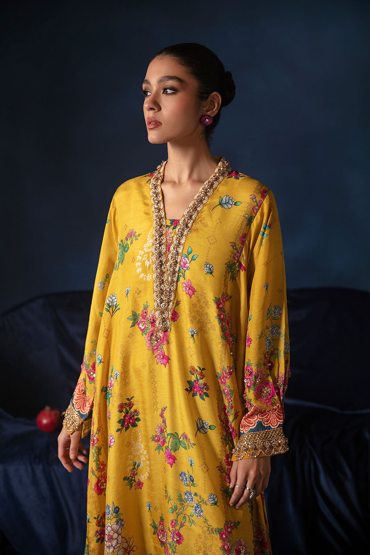 Yellow Embellished Silk-Blend Kaftan Shirt (2-Piece) - Image 3