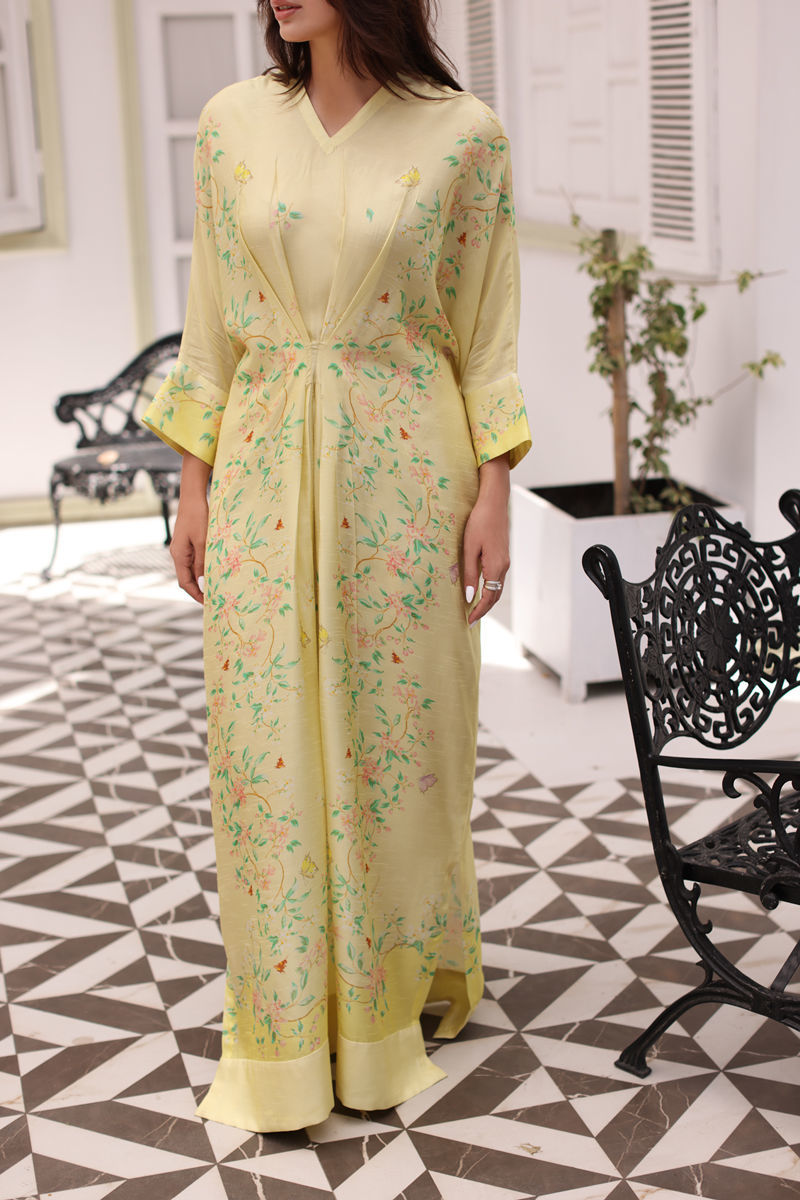 Yellow Digital Print Silk Kaftan (1-Pc) - Image 1