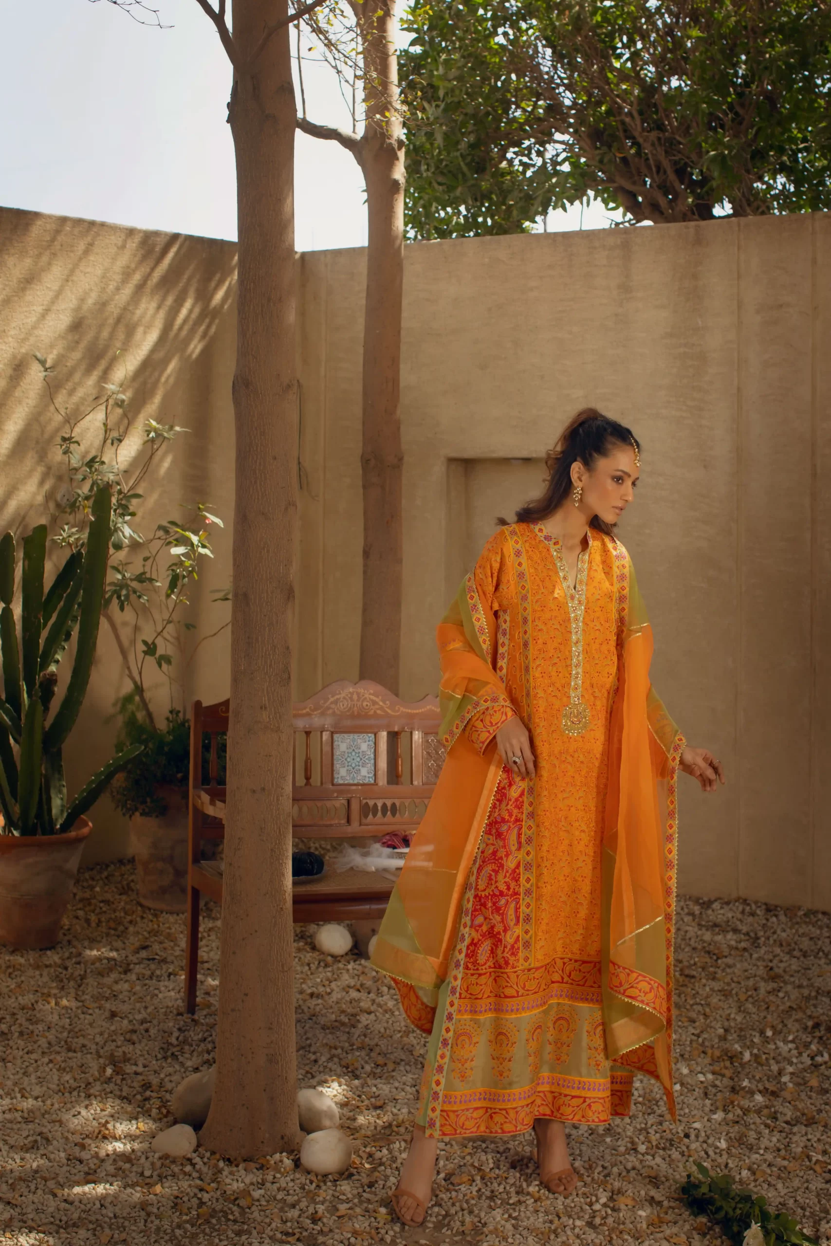 Pakistani Yellow Orange Block Printed Silk Kaftan (3-Piece) - Image 2