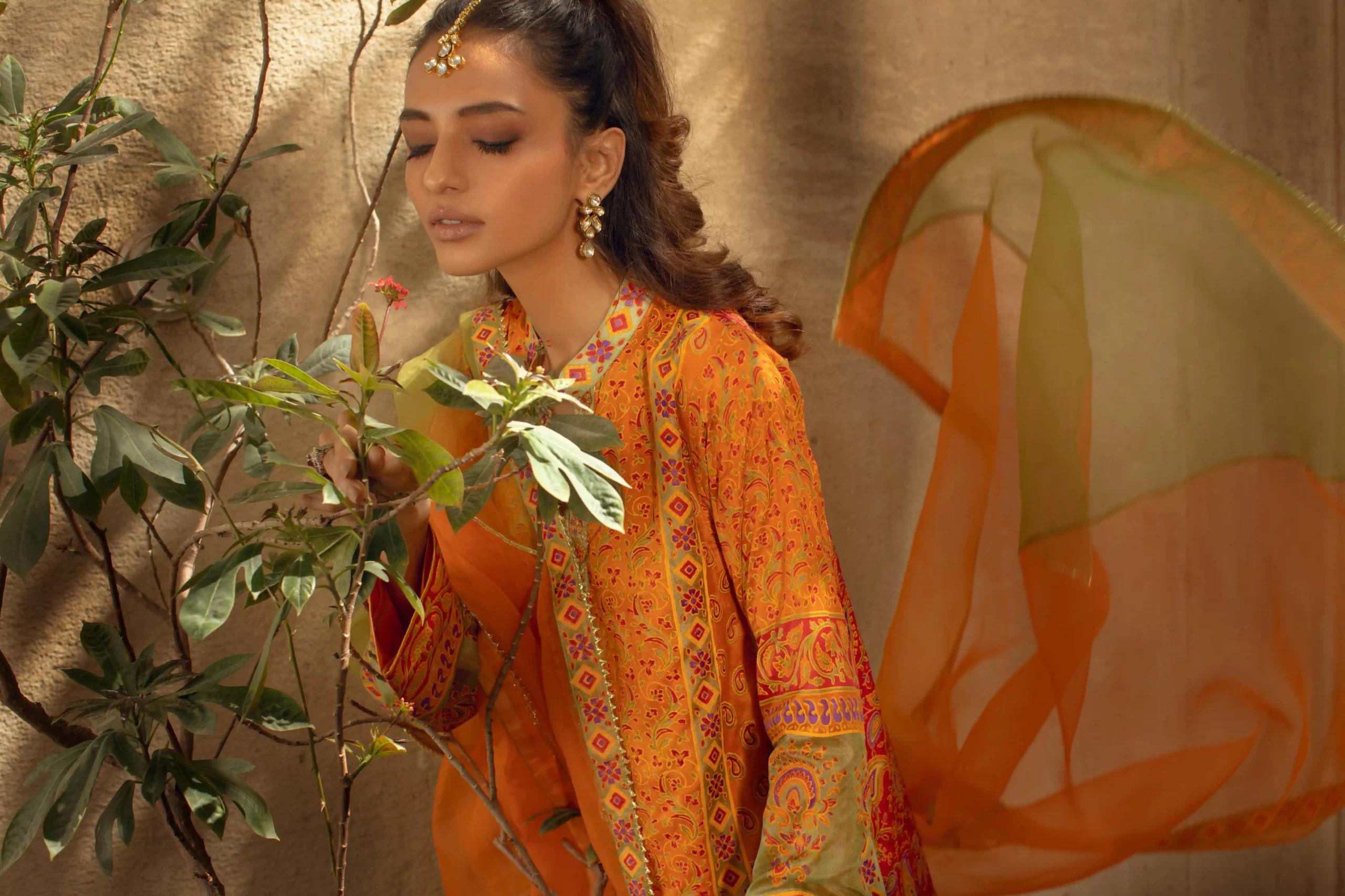 Pakistani Yellow Orange Block Printed Silk Kaftan (3-Piece) - Image 5