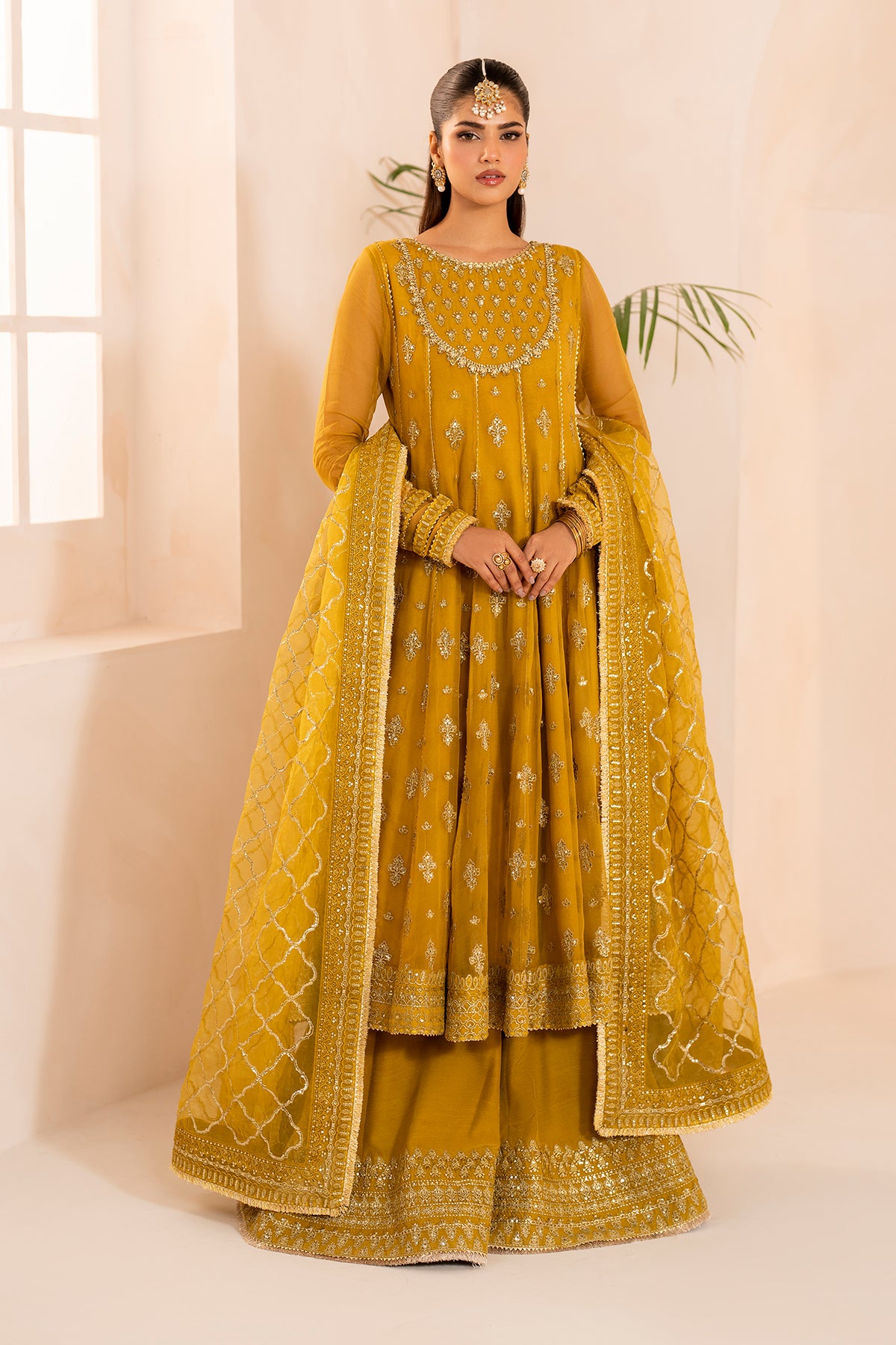 Pakistani Mustard Embroidered Chiffon Kalidaar Frock (3-Piece) - Image 1