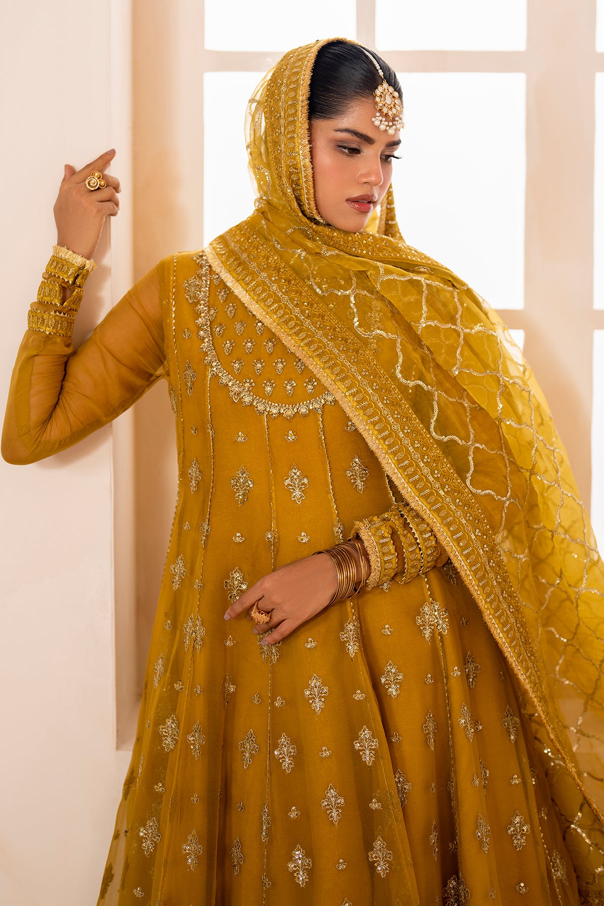 Pakistani Mustard Embroidered Chiffon Kalidaar Frock (3-Piece) - Image 10