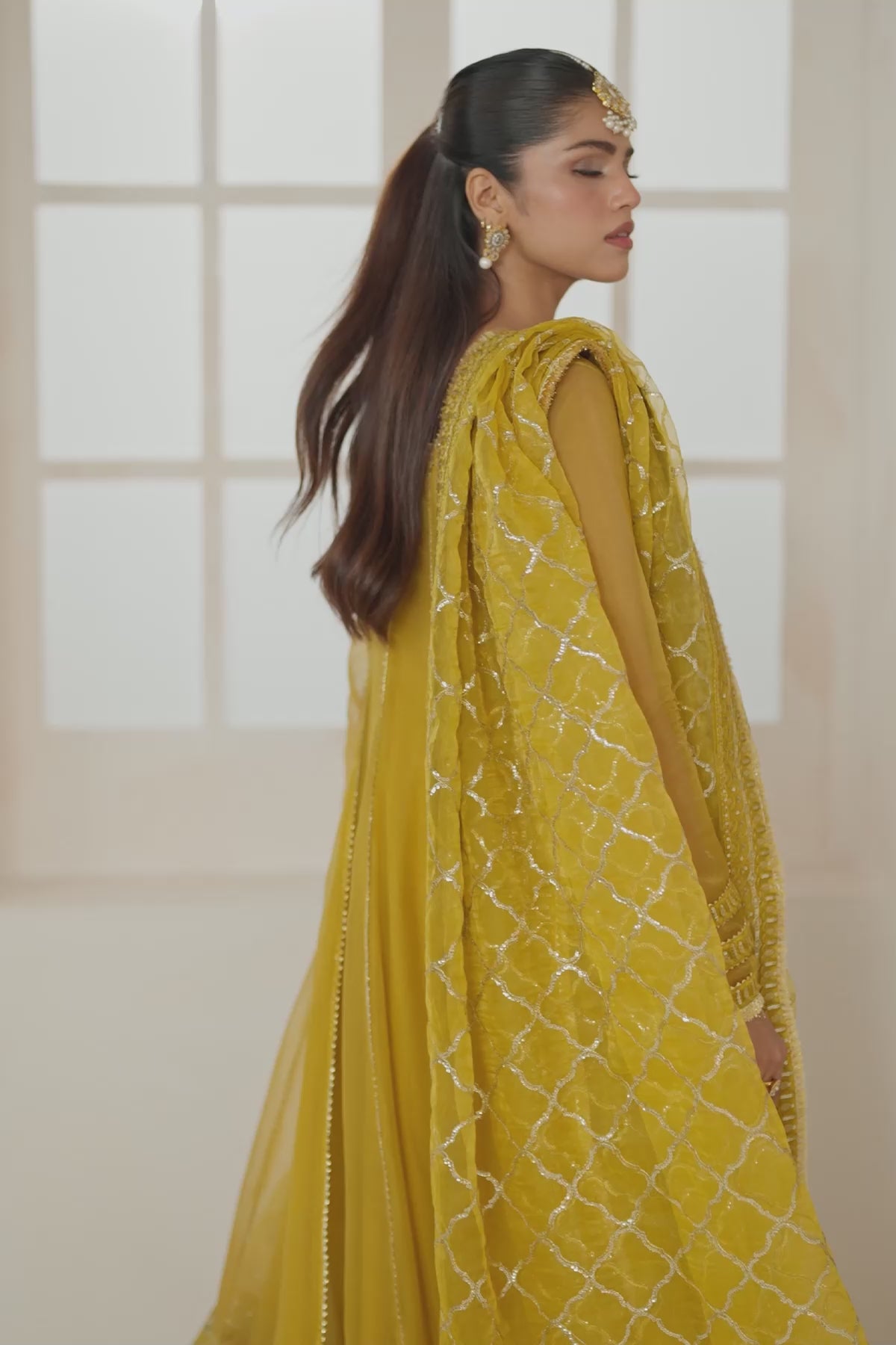 Pakistani Mustard Embroidered Chiffon Kalidaar Frock (3-Piece) - Image 11