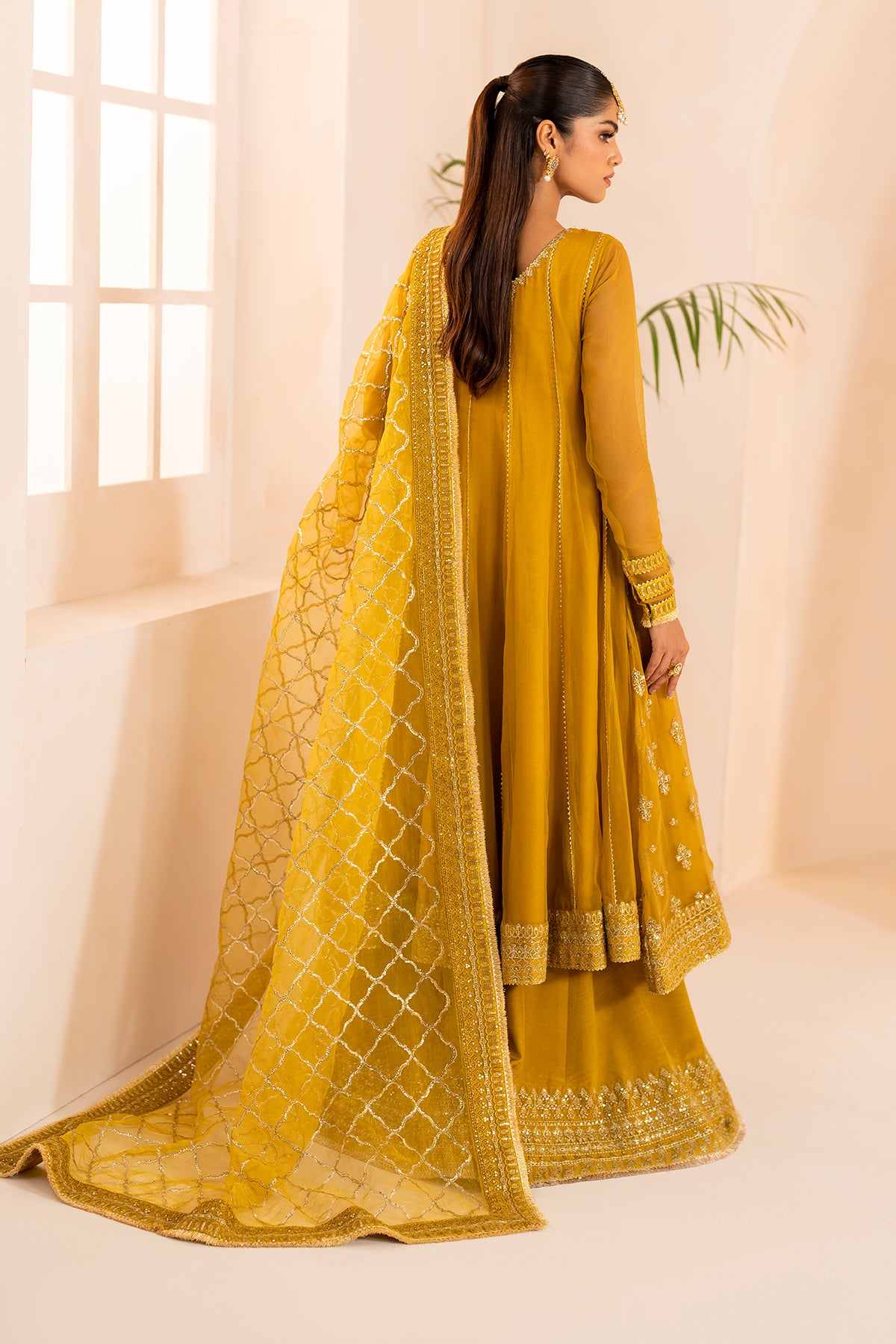 Pakistani Mustard Embroidered Chiffon Kalidaar Frock (3-Piece) - Image 2