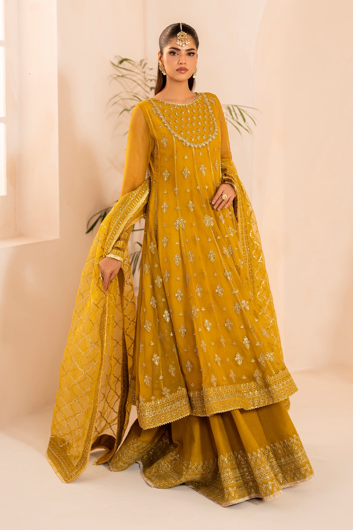 Pakistani Mustard Embroidered Chiffon Kalidaar Frock (3-Piece) - Image 3