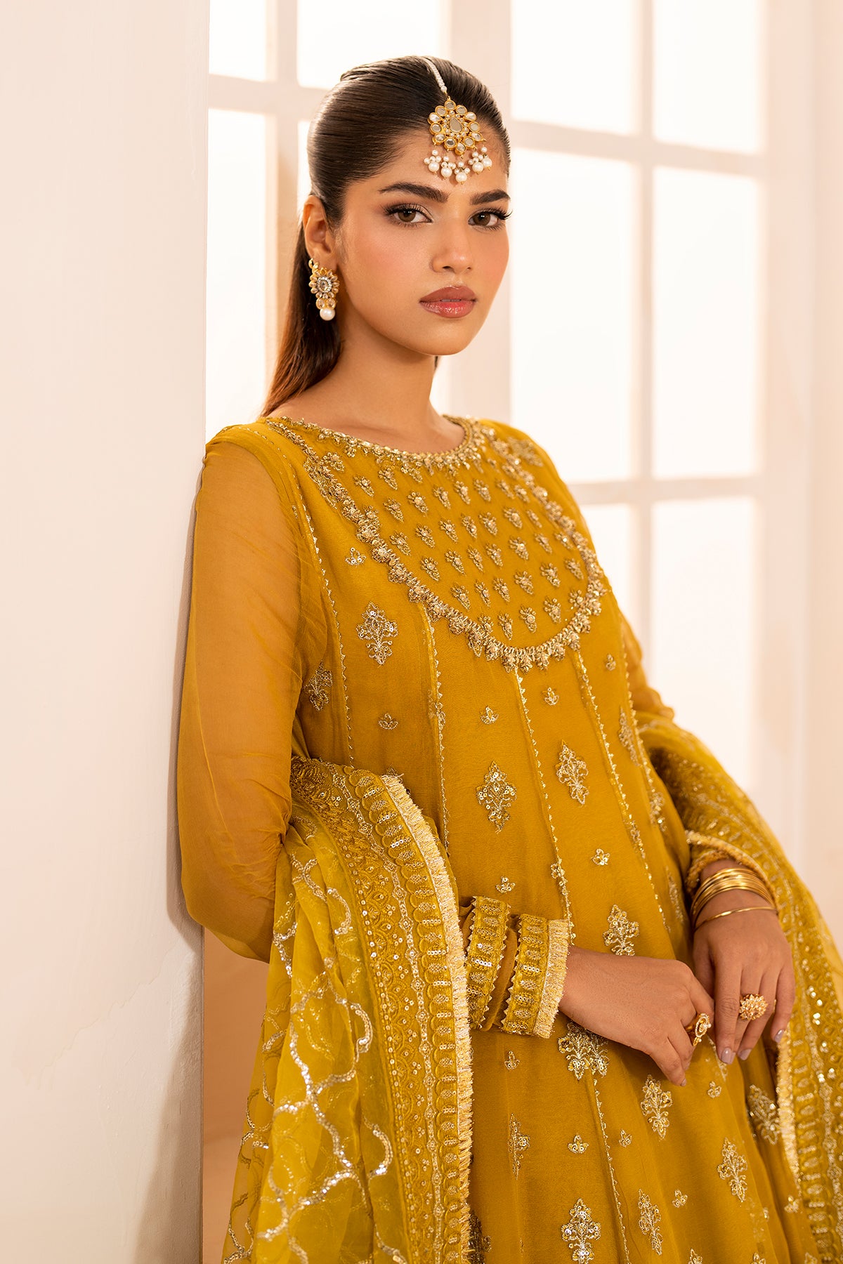 Pakistani Mustard Embroidered Chiffon Kalidaar Frock (3-Piece) - Image 4
