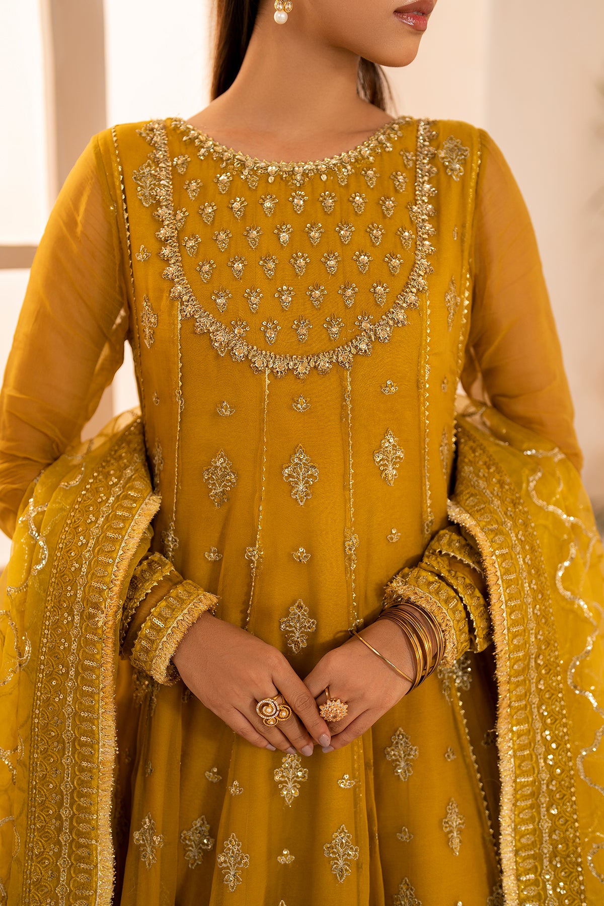Pakistani Mustard Embroidered Chiffon Kalidaar Frock (3-Piece) - Image 5