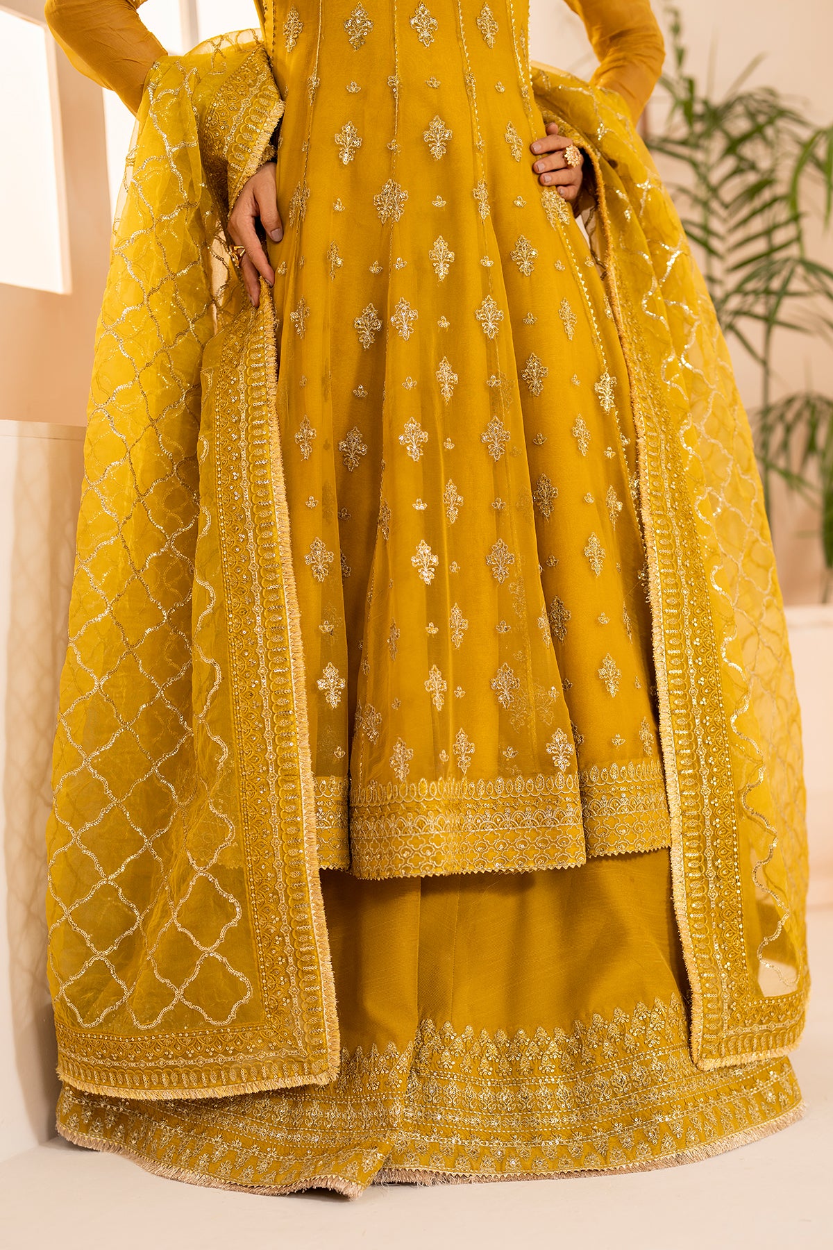 Pakistani Mustard Embroidered Chiffon Kalidaar Frock (3-Piece) - Image 6