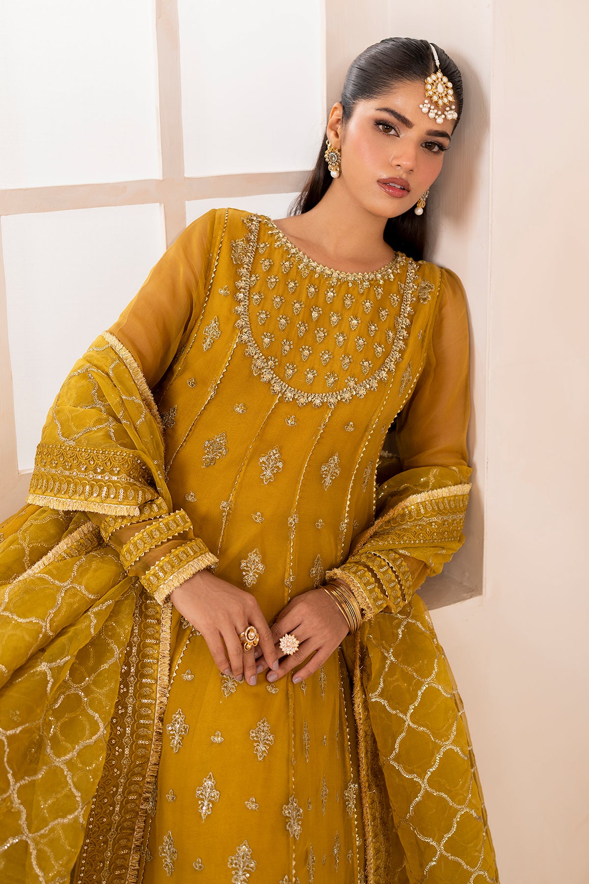 Pakistani Mustard Embroidered Chiffon Kalidaar Frock (3-Piece) - Image 7