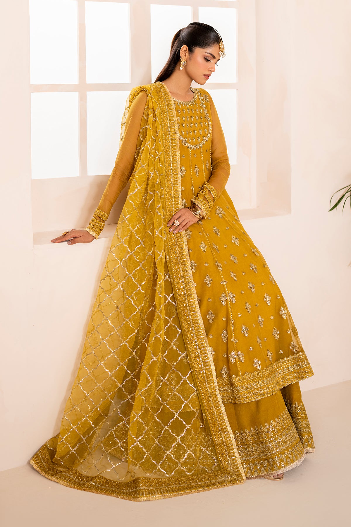 Pakistani Mustard Embroidered Chiffon Kalidaar Frock (3-Piece) - Image 8