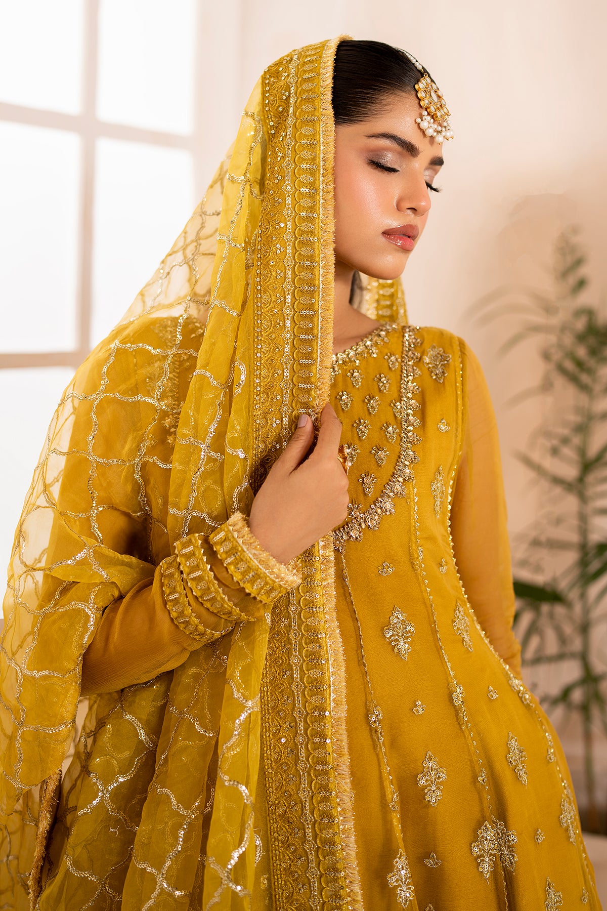 Pakistani Mustard Embroidered Chiffon Kalidaar Frock (3-Piece) - Image 9