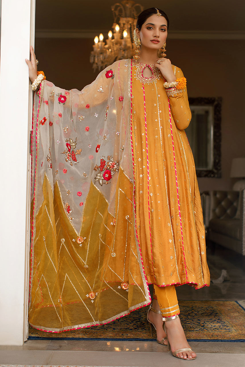 Yellow Ochre Embroidered Khaadi Net Kalidar (3-Piece) - Image 1