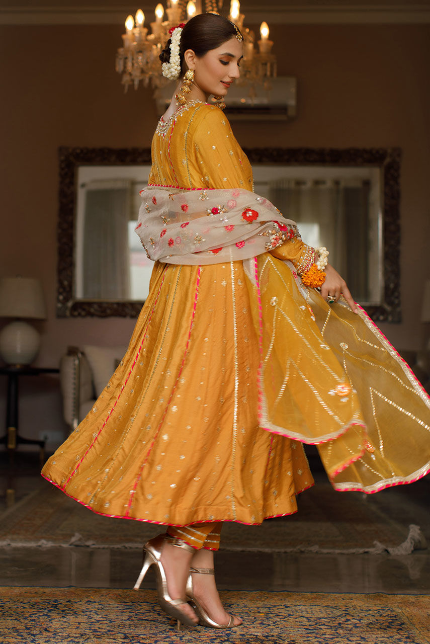 Yellow Ochre Embroidered Khaadi Net Kalidar (3-Piece) - Image 2