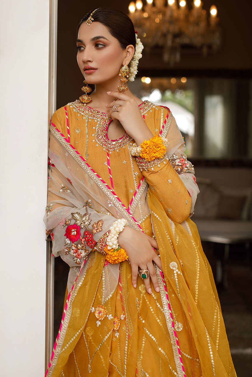Yellow Ochre Embroidered Khaadi Net Kalidar (3-Piece) - Image 3