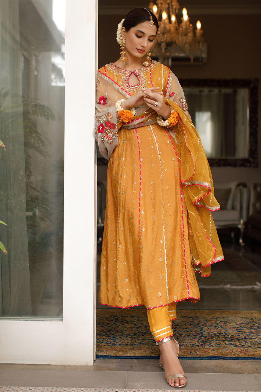 Yellow Ochre Embroidered Khaadi Net Kalidar (3-Piece) - Image 4