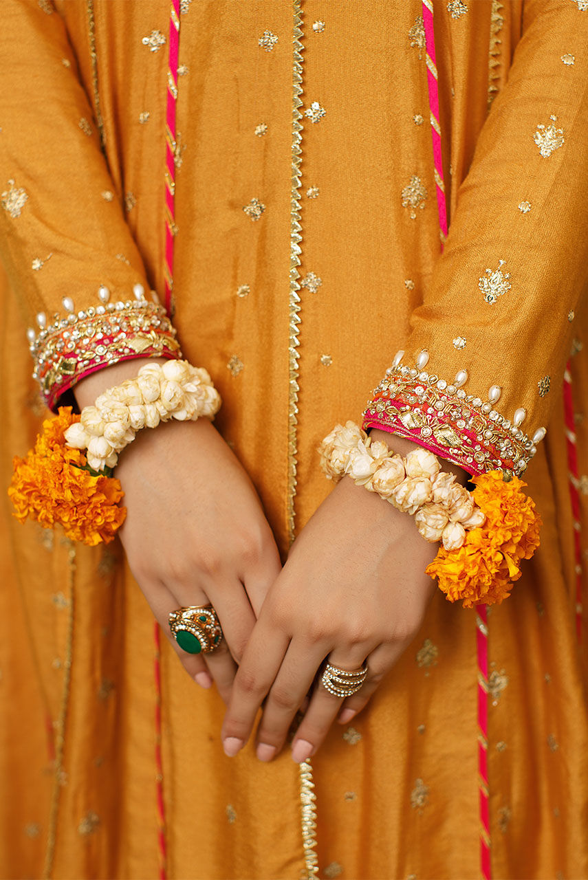 Yellow Ochre Embroidered Khaadi Net Kalidar (3-Piece) - Image 6