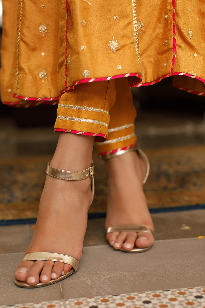 Yellow Ochre Embroidered Khaadi Net Kalidar (3-Piece) - Image 7