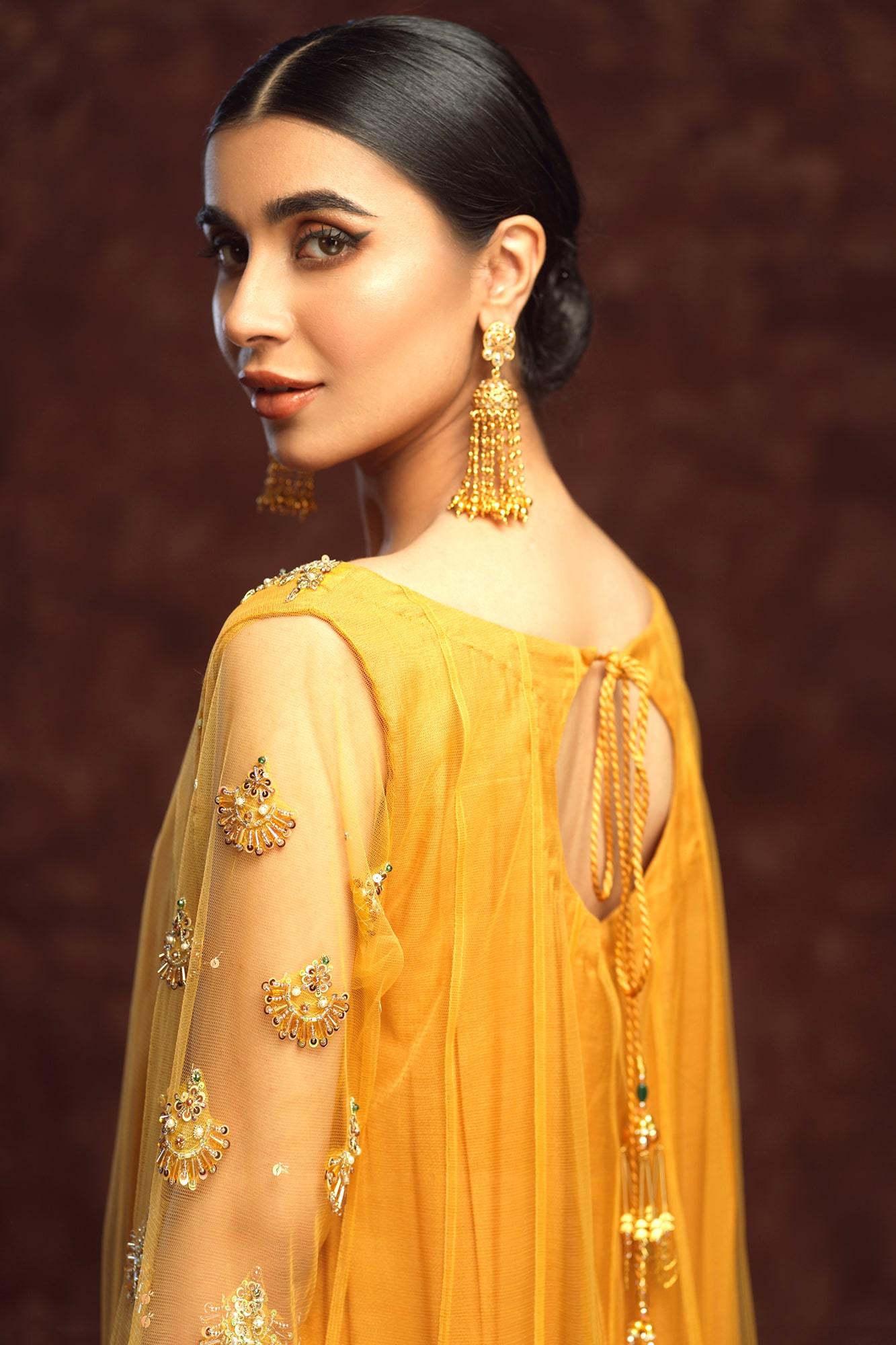 Pakistani Sun Yellow Chandbali Embellished Net Kalidaar (3-Piece) - Image 6