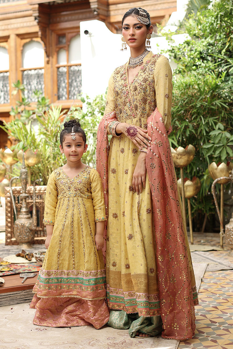 Pakistani Lemon Embroidered Net Organza Kalidar (3-Piece) - Image 1