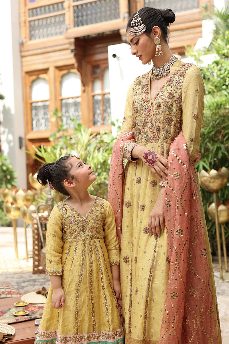 Pakistani Lemon Embroidered Net Organza Kalidar (3-Piece) - Image 2