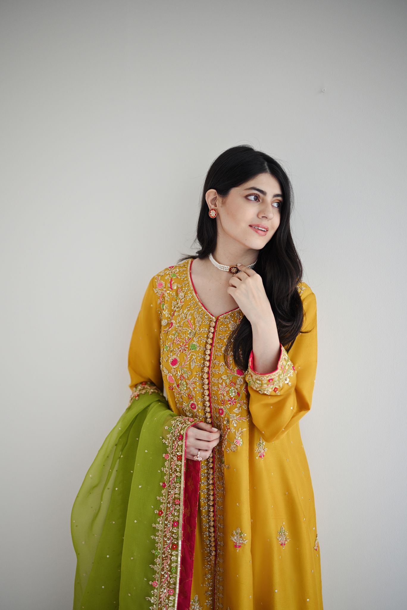 Mustard & Dhani Green Embroidered Raw Silk Kalidaar (3-Piece) - Image 1