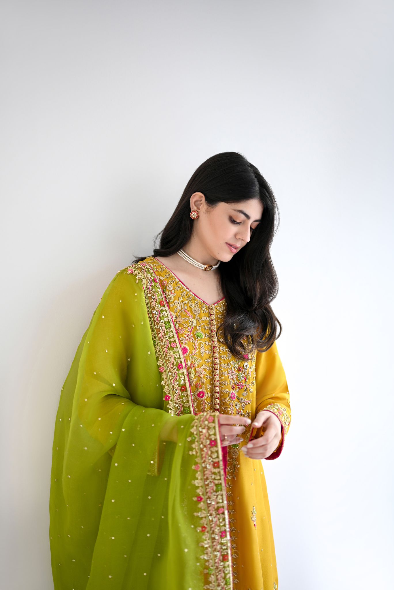 Mustard & Dhani Green Embroidered Raw Silk Kalidaar (3-Piece) - Image 2