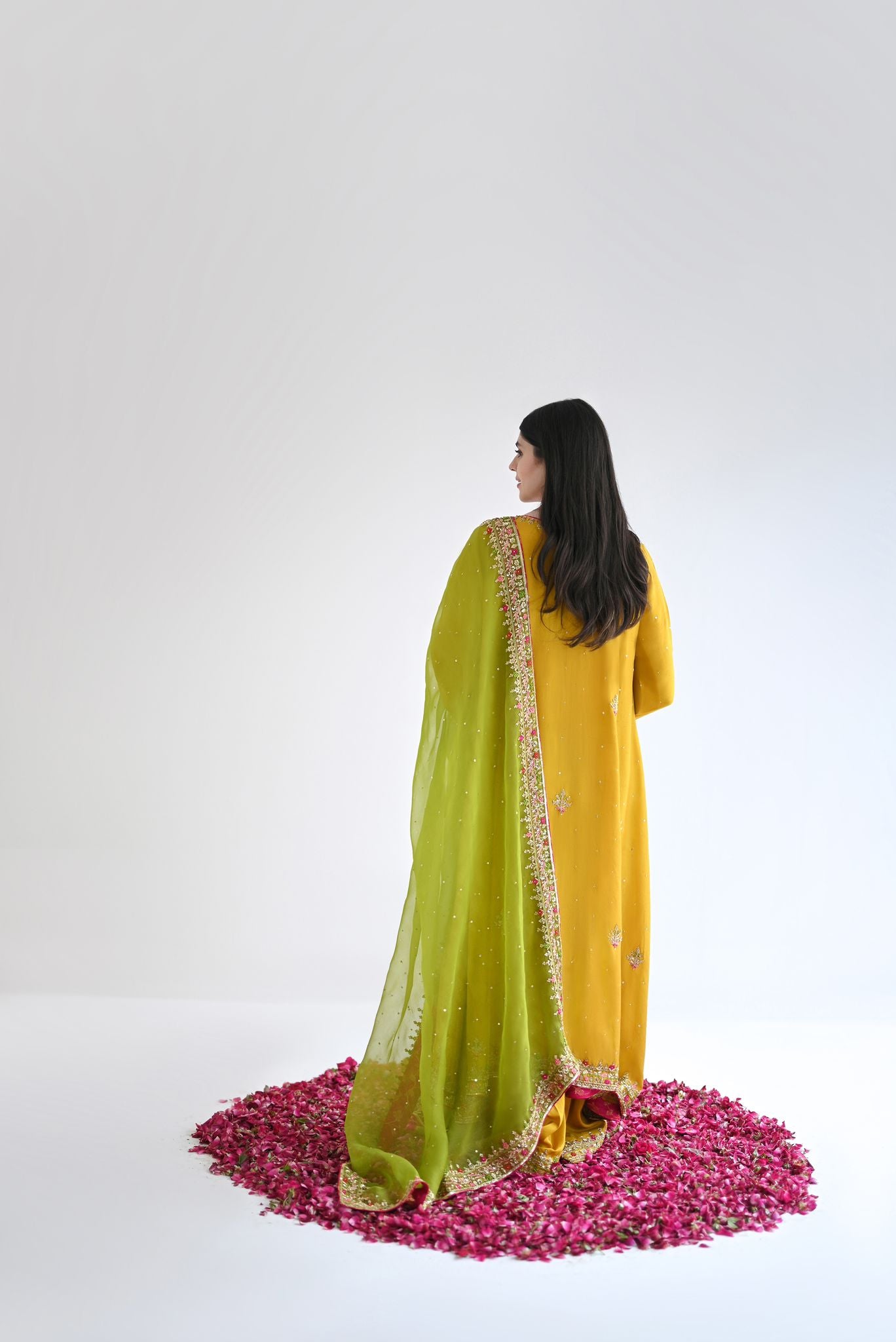 Mustard & Dhani Green Embroidered Raw Silk Kalidaar (3-Piece) - Image 3