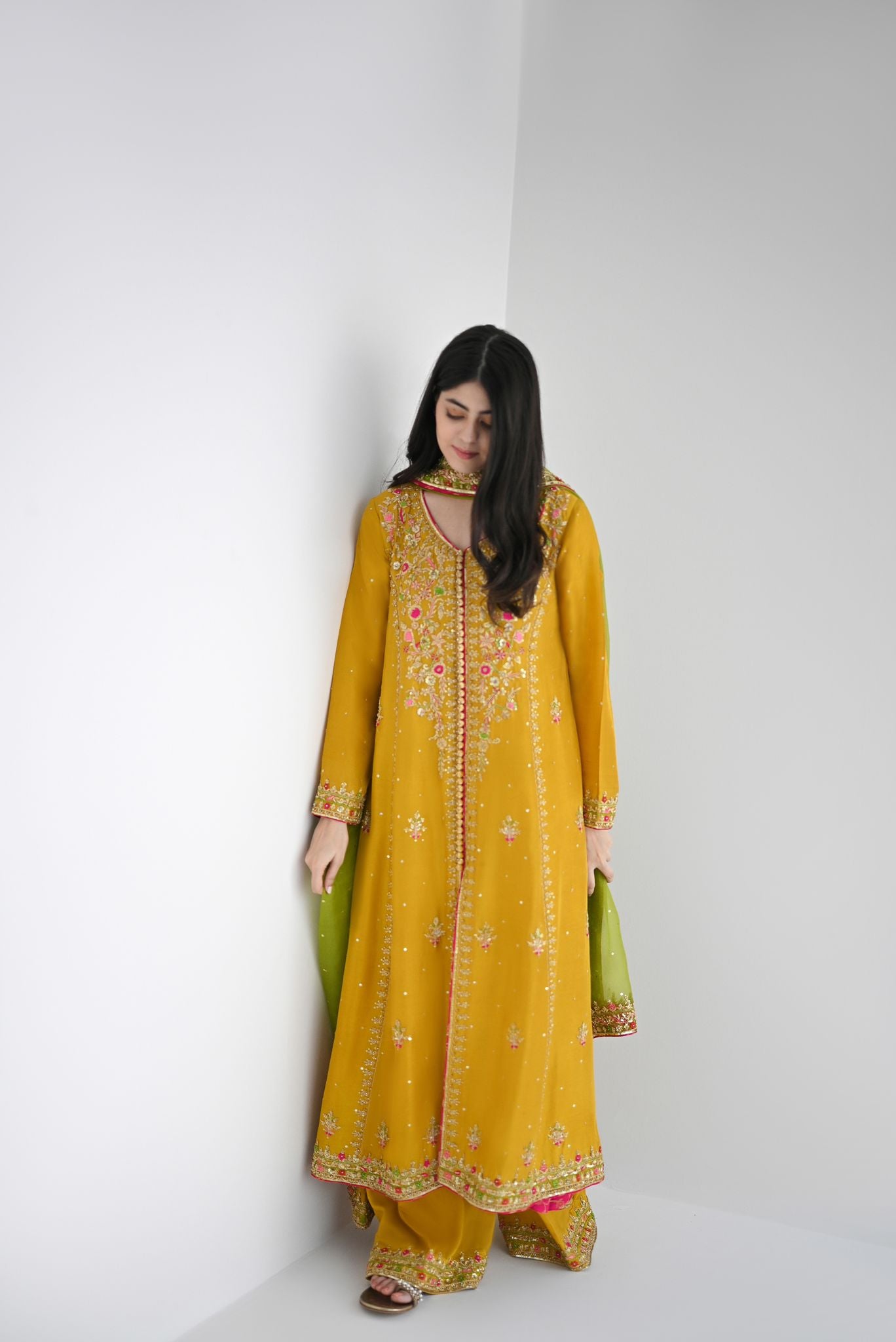 Mustard & Dhani Green Embroidered Raw Silk Kalidaar (3-Piece) - Image 4