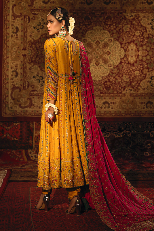 Marigold Embroidered Raw Silk Kalidar Frock (3-Piece) - Image 1
